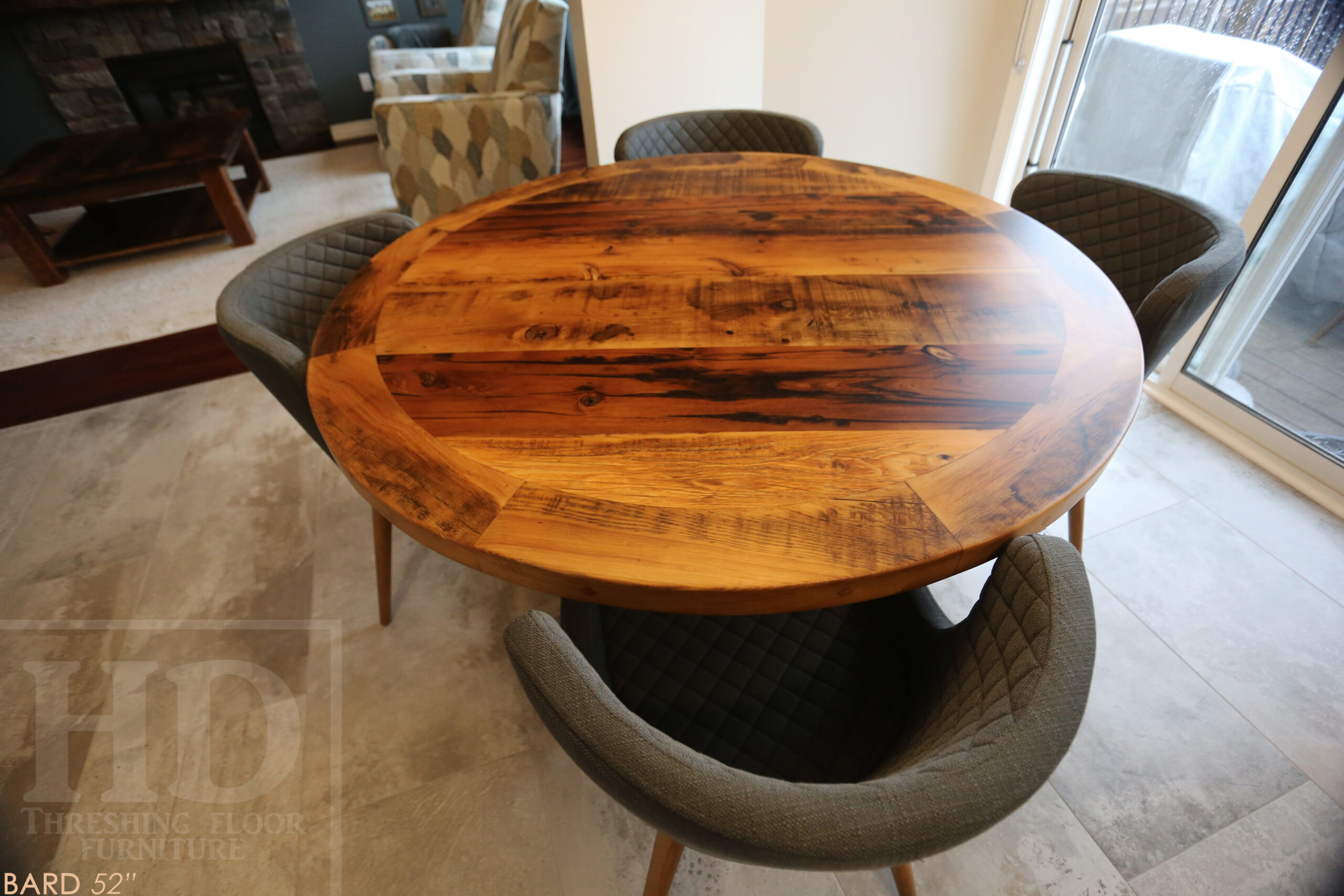 52â€ Ontario Barnwood Table â€“ Hand-Hewn Beam Pedestal Base â€“ Hemlock Threshing Floor Construction â€“ Original edges & distressing maintained â€“ Premium epoxy + matte polyurethane finish / www.table.ca