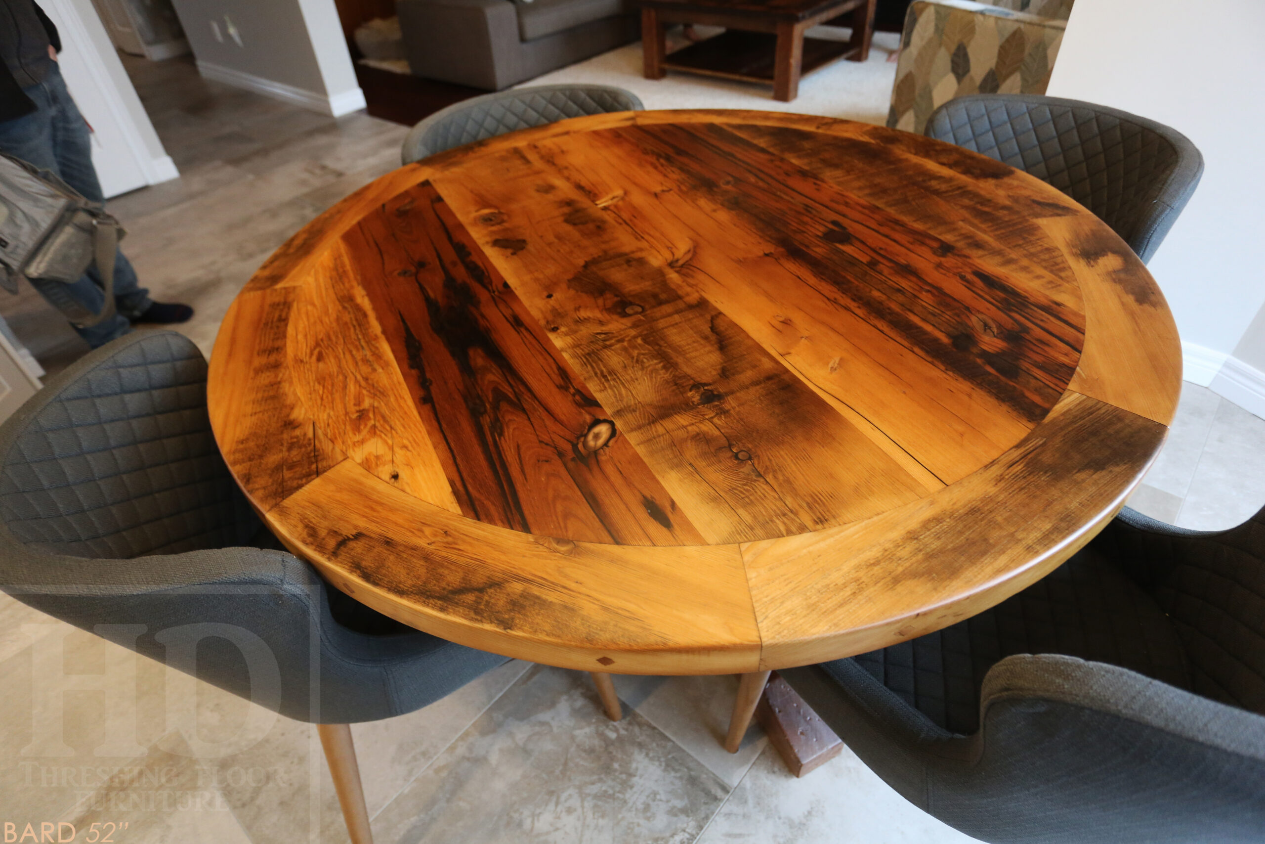 52â€ Ontario Barnwood Table â€“ Hand-Hewn Beam Pedestal Base â€“ Hemlock Threshing Floor Construction â€“ Original edges & distressing maintained â€“ Premium epoxy + matte polyurethane finish / www.table.ca