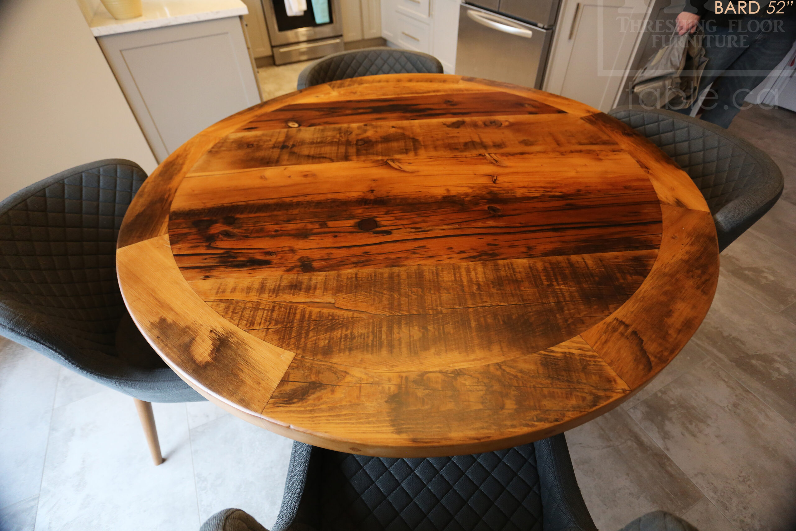 52â€ Ontario Barnwood Table â€“ Hand-Hewn Beam Pedestal Base â€“ Hemlock Threshing Floor Construction â€“ Original edges & distressing maintained â€“ Premium epoxy + matte polyurethane finish / www.table.ca