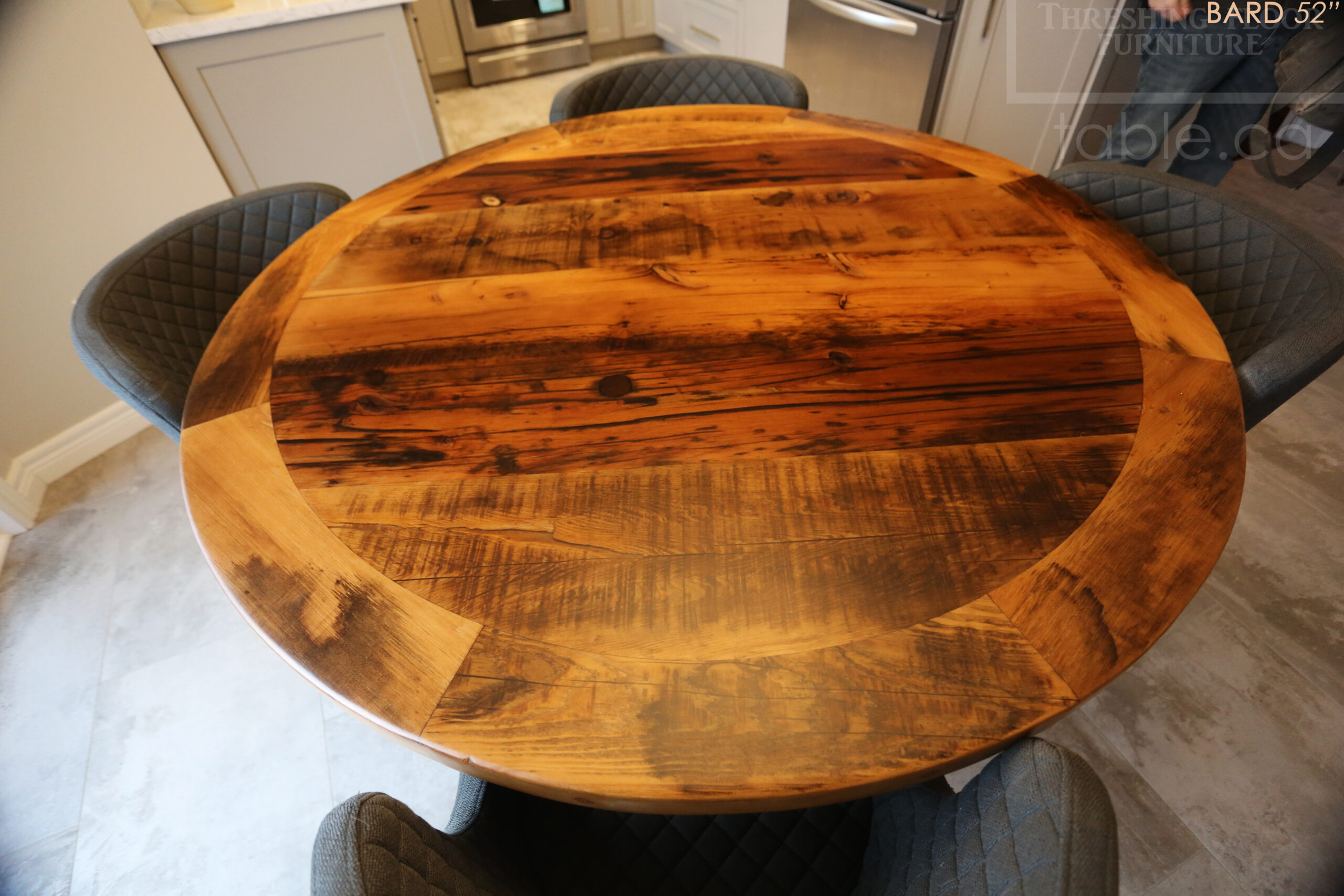 52â€ Ontario Barnwood Table â€“ Hand-Hewn Beam Pedestal Base â€“ Hemlock Threshing Floor Construction â€“ Original edges & distressing maintained â€“ Premium epoxy + matte polyurethane finish / www.table.ca