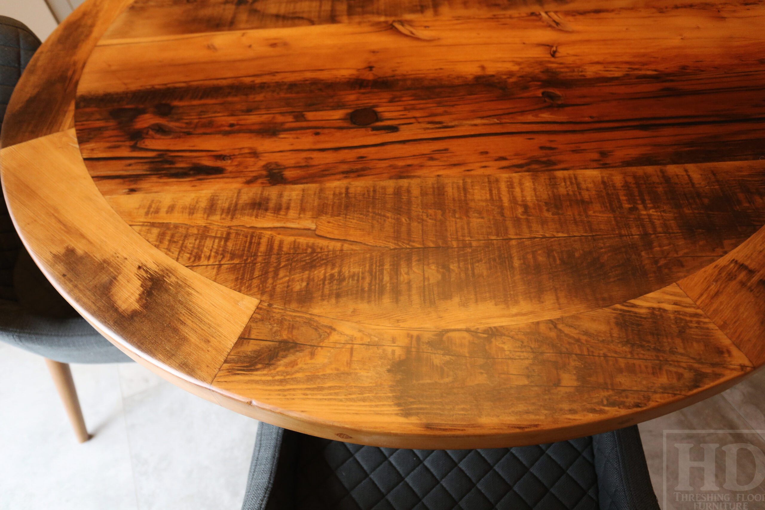 52â€ Ontario Barnwood Table â€“ Hand-Hewn Beam Pedestal Base â€“ Hemlock Threshing Floor Construction â€“ Original edges & distressing maintained â€“ Premium epoxy + matte polyurethane finish / www.table.ca