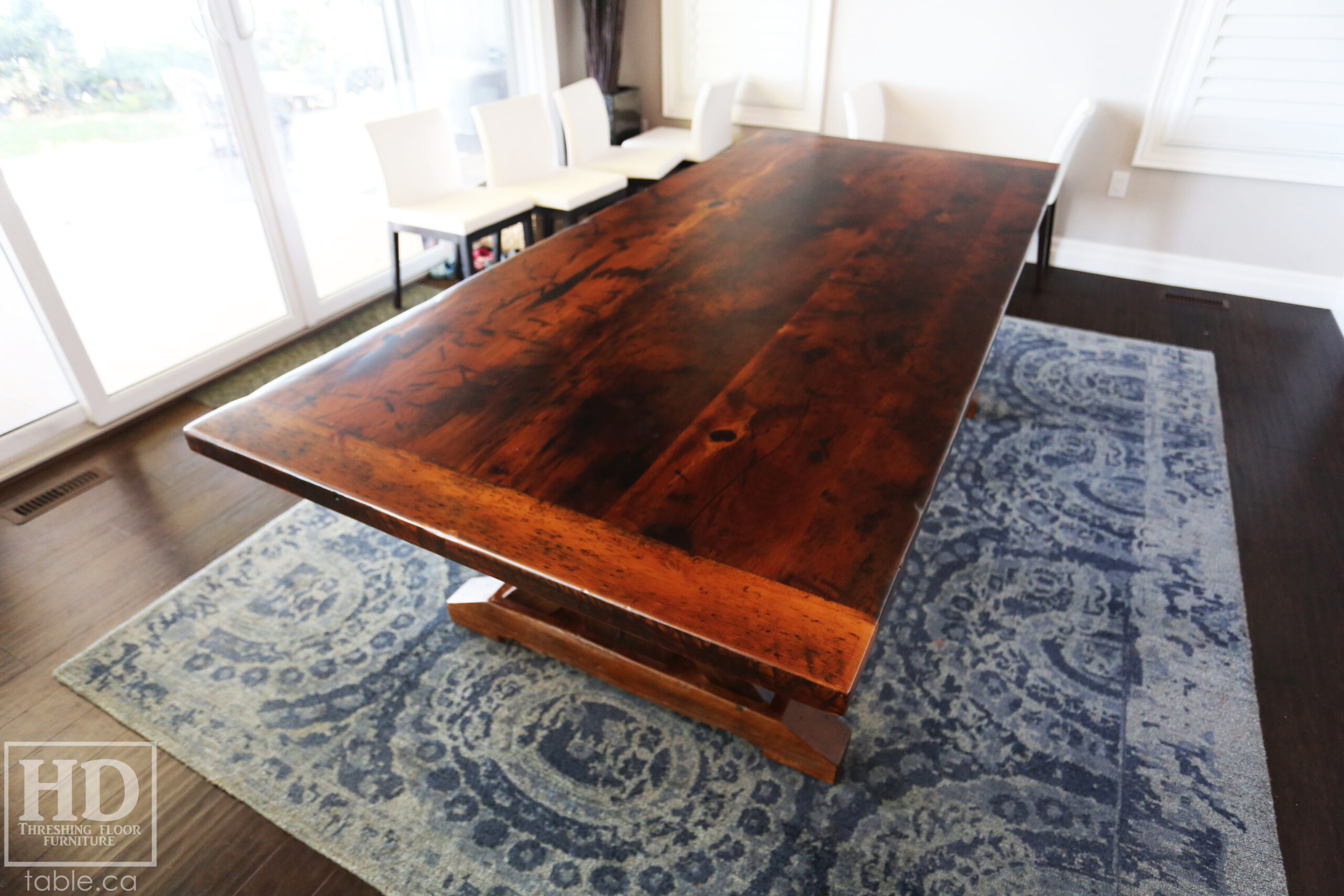 8 ft Reclaimed Ontario Barnwood Table we made for a Sarnia, Ontario home - 42” wide – Sawbuck Base - Reclaimed Hemlock Threshing Floor Construction – Original edges & distressing maintained – Premium epoxy + matte polyurethane finish - www.table.ca