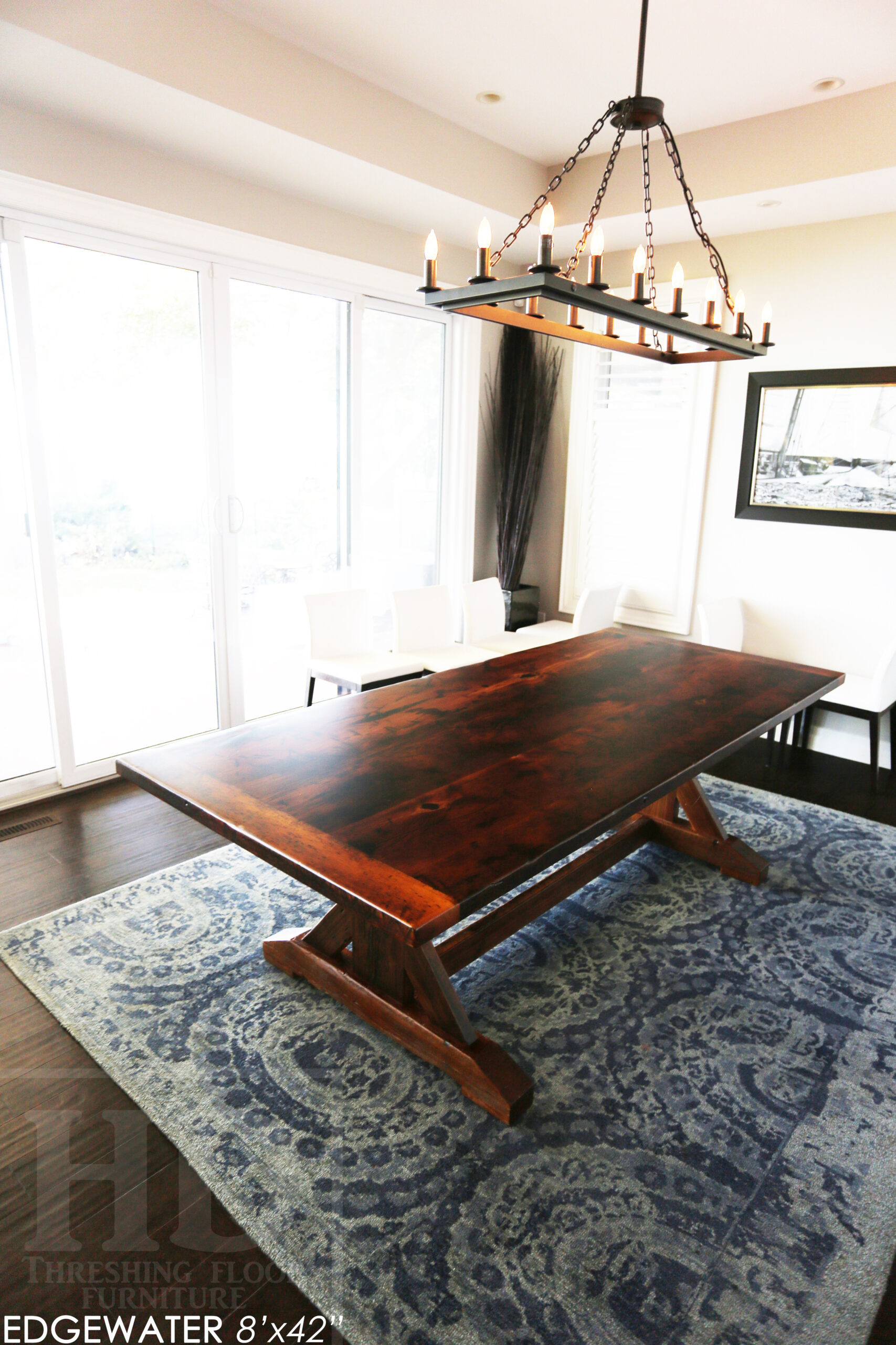8 ft Reclaimed Ontario Barnwood Table we made for a Sarnia, Ontario home - 42â€ wide â€“ Sawbuck Base - Reclaimed Hemlock Threshing Floor Construction â€“ Original edges & distressing maintained â€“ Premium epoxy + matte polyurethane finish - www.table.ca