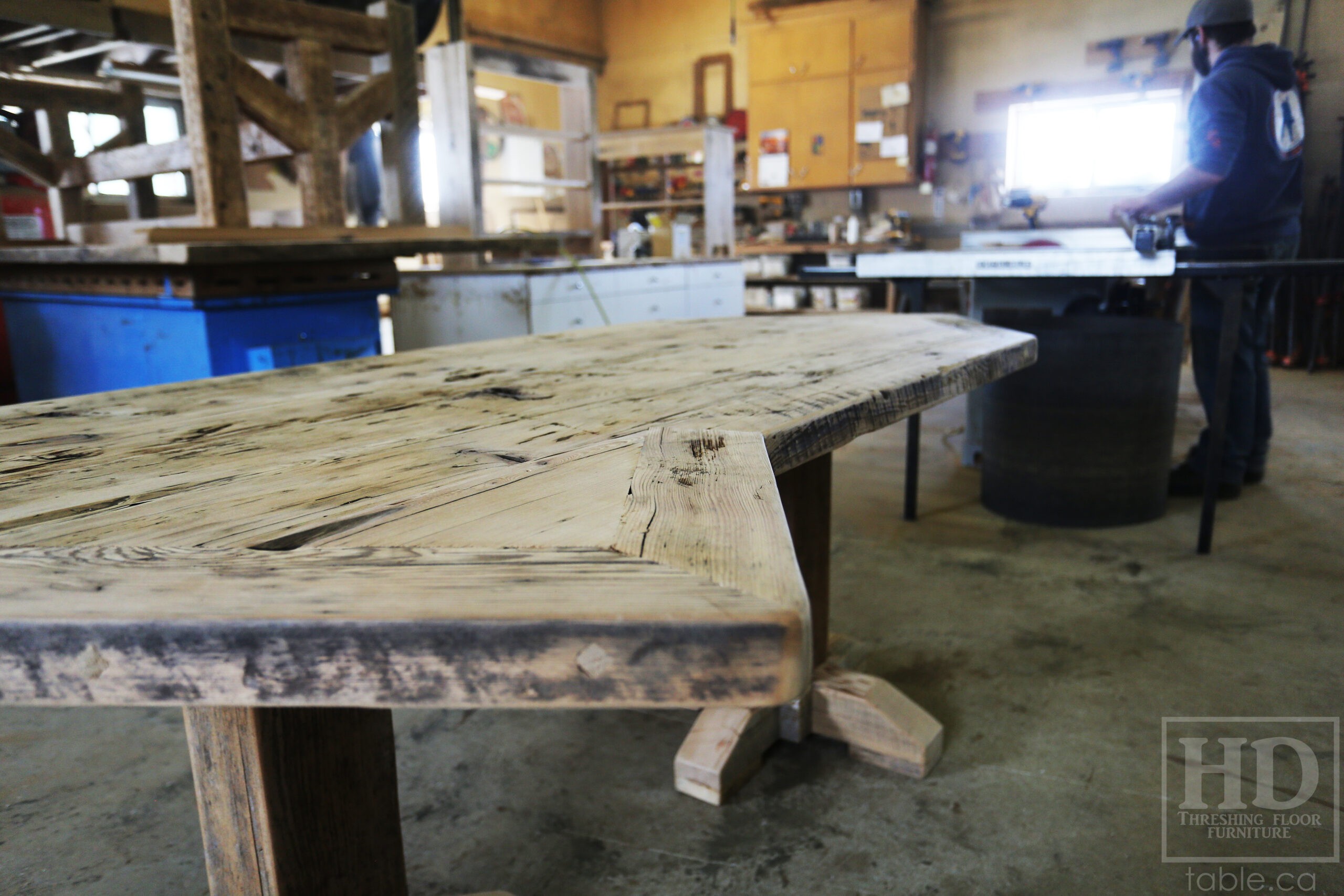 Custom Ontario Barnwood Desk â€“ Barn Beam Posts â€“ Modified Shape to Accommodate a Unique Space - Reclaimed Hemlock Threshing Floor 2â€ Top â€“ Original edges & distressing maintained  â€“ www.table.ca