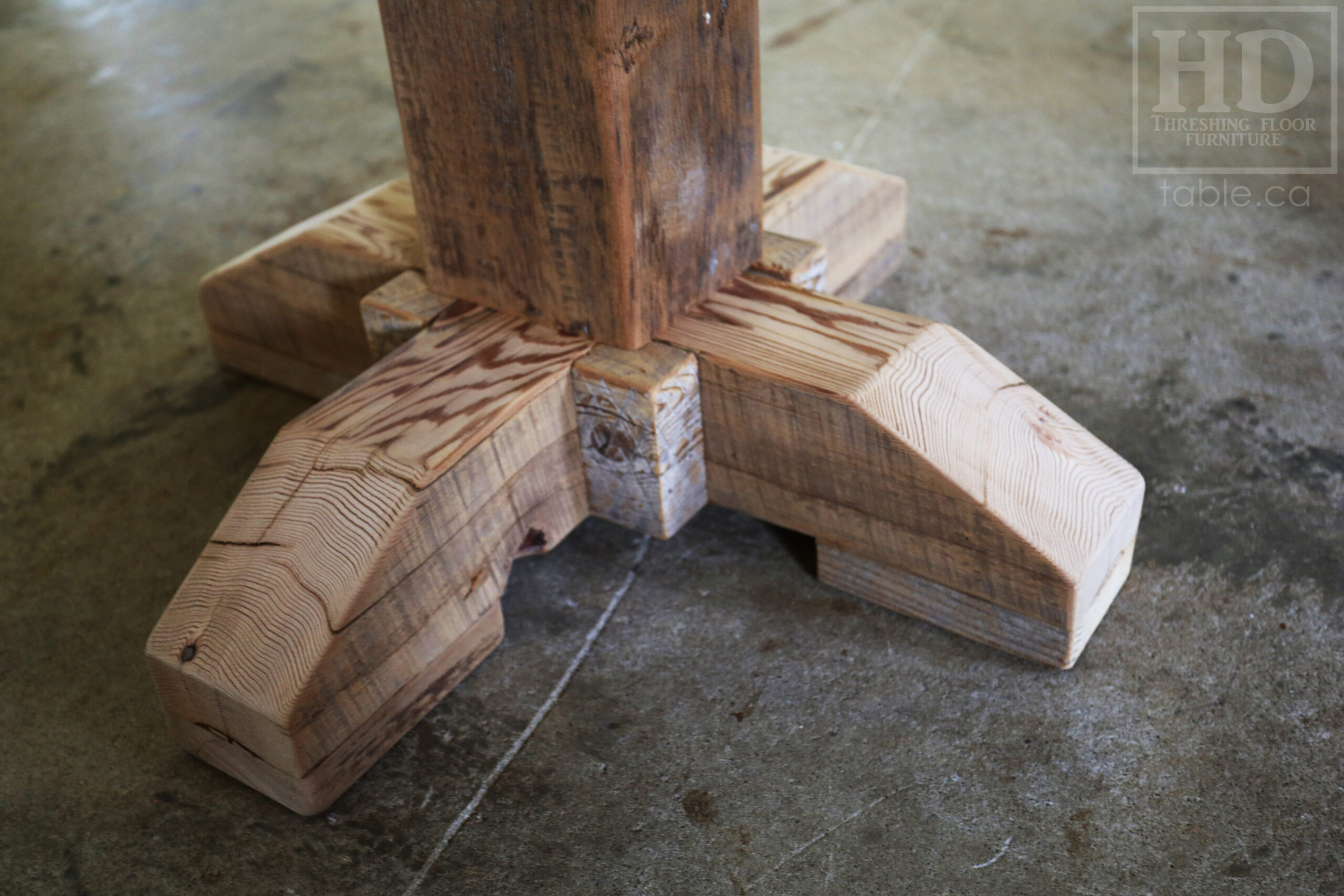 Custom Ontario Barnwood Desk â€“ Barn Beam Posts â€“ Modified Shape to Accommodate a Unique Space - Reclaimed Hemlock Threshing Floor 2â€ Top â€“ Original edges & distressing maintained  â€“ www.table.ca