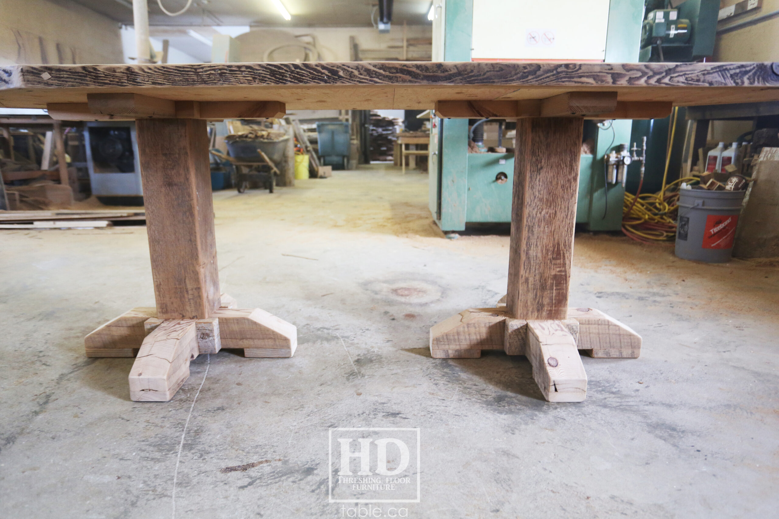 Custom Ontario Barnwood Desk â€“ Barn Beam Posts â€“ Modified Shape to Accommodate a Unique Space - Reclaimed Hemlock Threshing Floor 2â€ Top â€“ Original edges & distressing maintained  â€“ www.table.ca