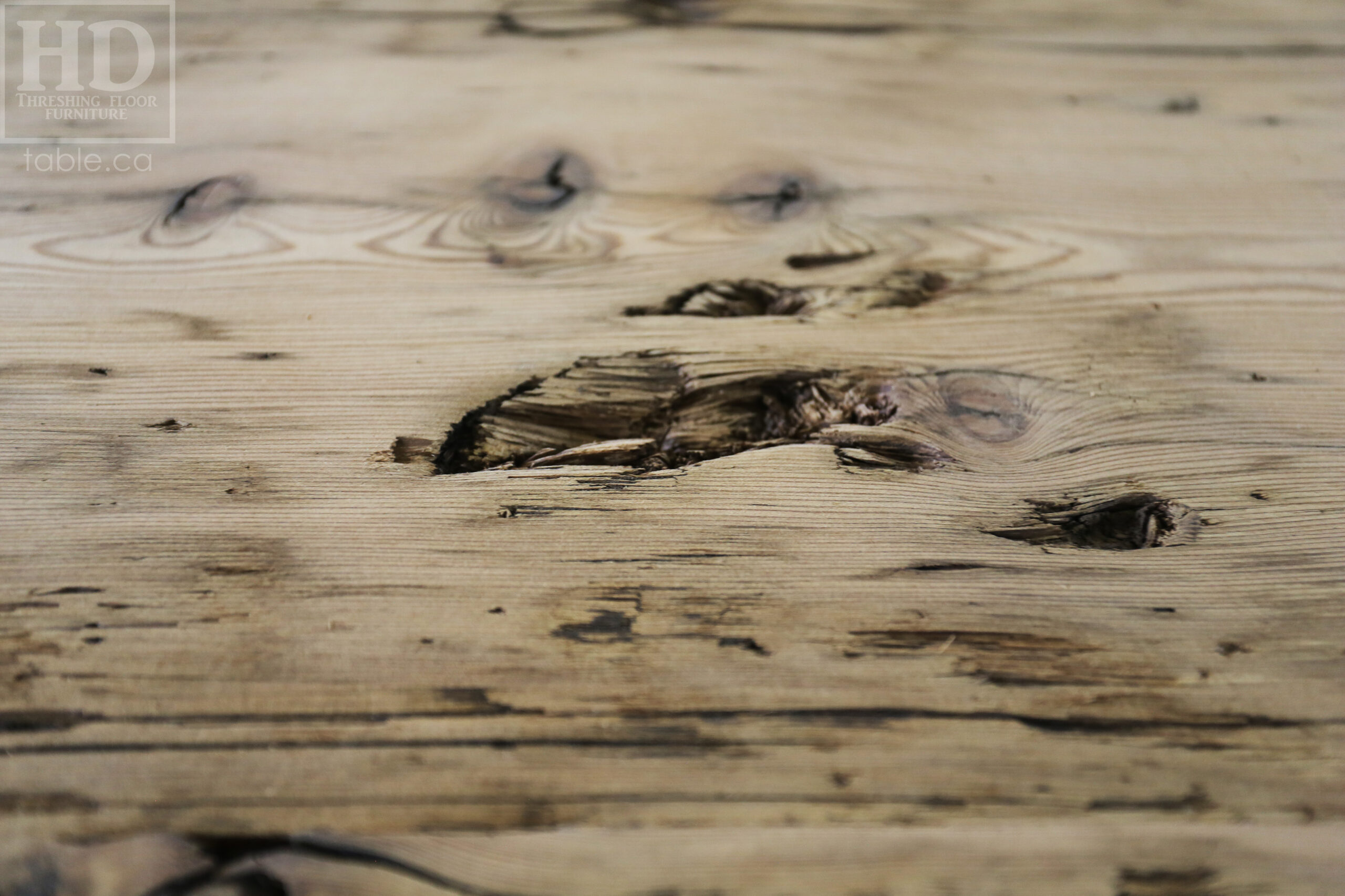 Custom Ontario Barnwood Desk â€“ Barn Beam Posts â€“ Modified Shape to Accommodate a Unique Space - Reclaimed Hemlock Threshing Floor 2â€ Top â€“ Original edges & distressing maintained  â€“ www.table.ca