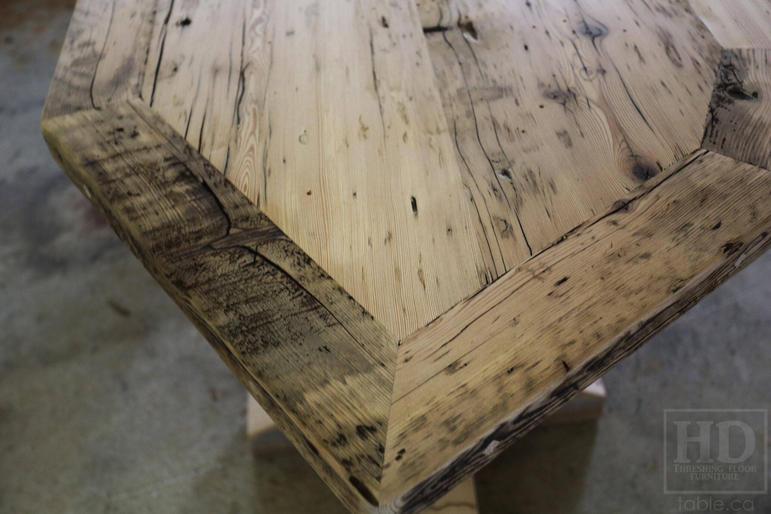 Custom Ontario Barnwood Desk â€“ Barn Beam Posts â€“ Modified Shape to Accommodate a Unique Space - Reclaimed Hemlock Threshing Floor 2â€ Top â€“ Original edges & distressing maintained  â€“ www.table.ca