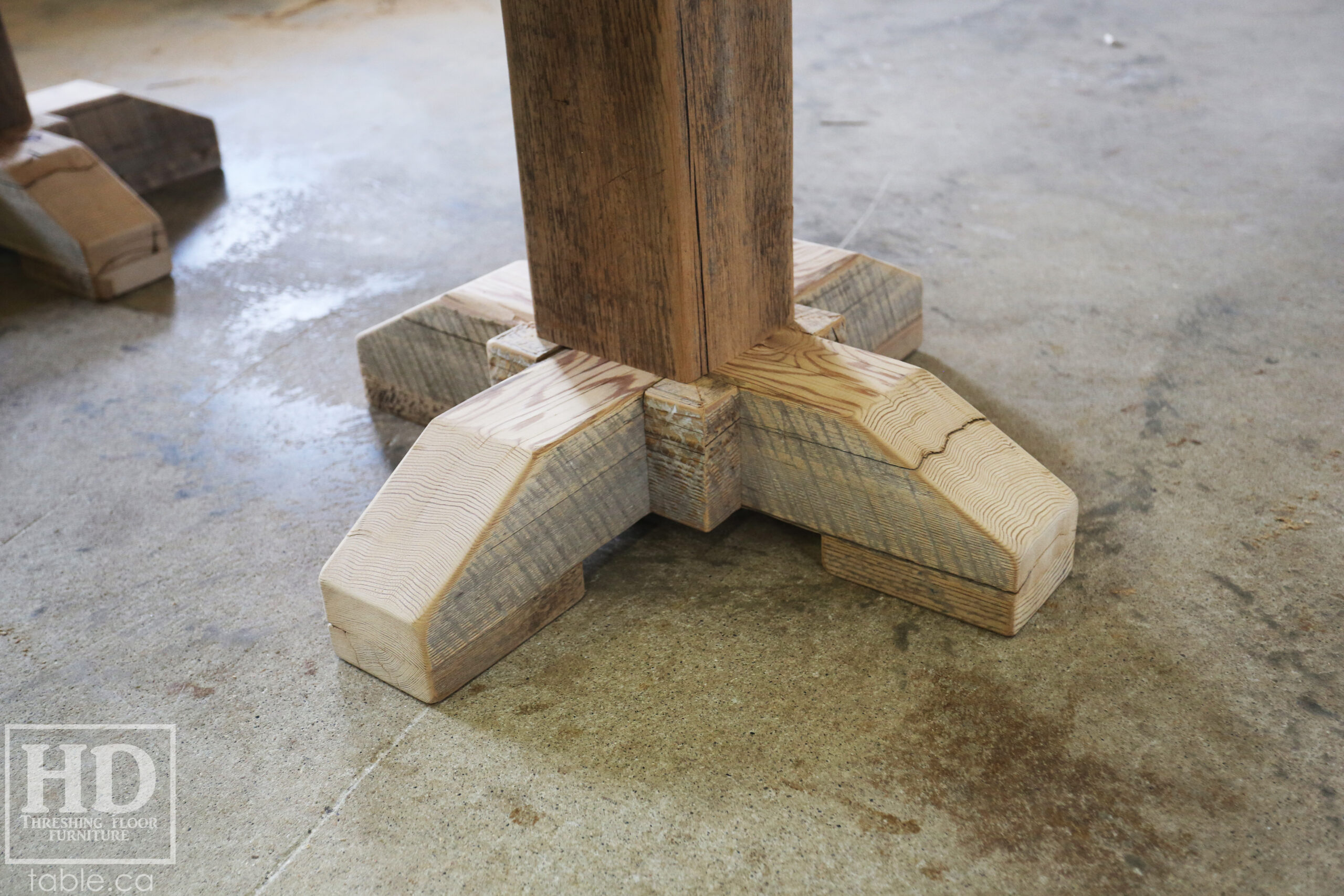 Custom Ontario Barnwood Desk â€“ Barn Beam Posts â€“ Modified Shape to Accommodate a Unique Space - Reclaimed Hemlock Threshing Floor 2â€ Top â€“ Original edges & distressing maintained  â€“ www.table.ca