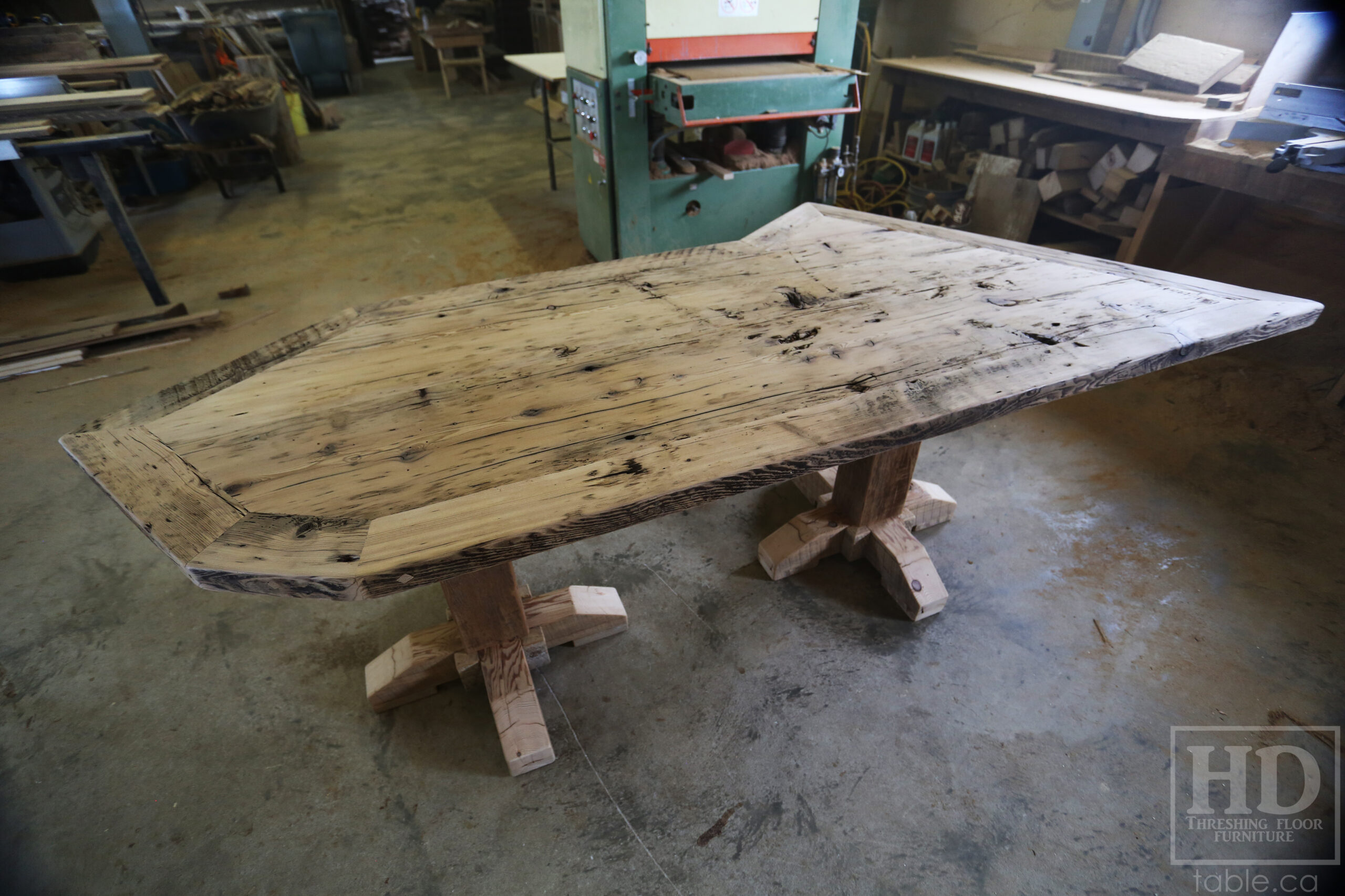 Custom Ontario Barnwood Desk – Barn Beam Posts – Modified Shape to Accommodate a Unique Space - Reclaimed Hemlock Threshing Floor 2” Top – Original edges & distressing maintained  – www.table.ca