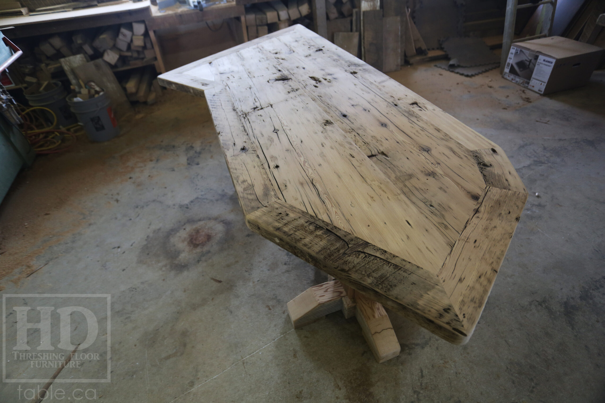 Custom Ontario Barnwood Desk â€“ Barn Beam Posts â€“ Modified Shape to Accommodate a Unique Space - Reclaimed Hemlock Threshing Floor 2â€ Top â€“ Original edges & distressing maintained  â€“ www.table.ca