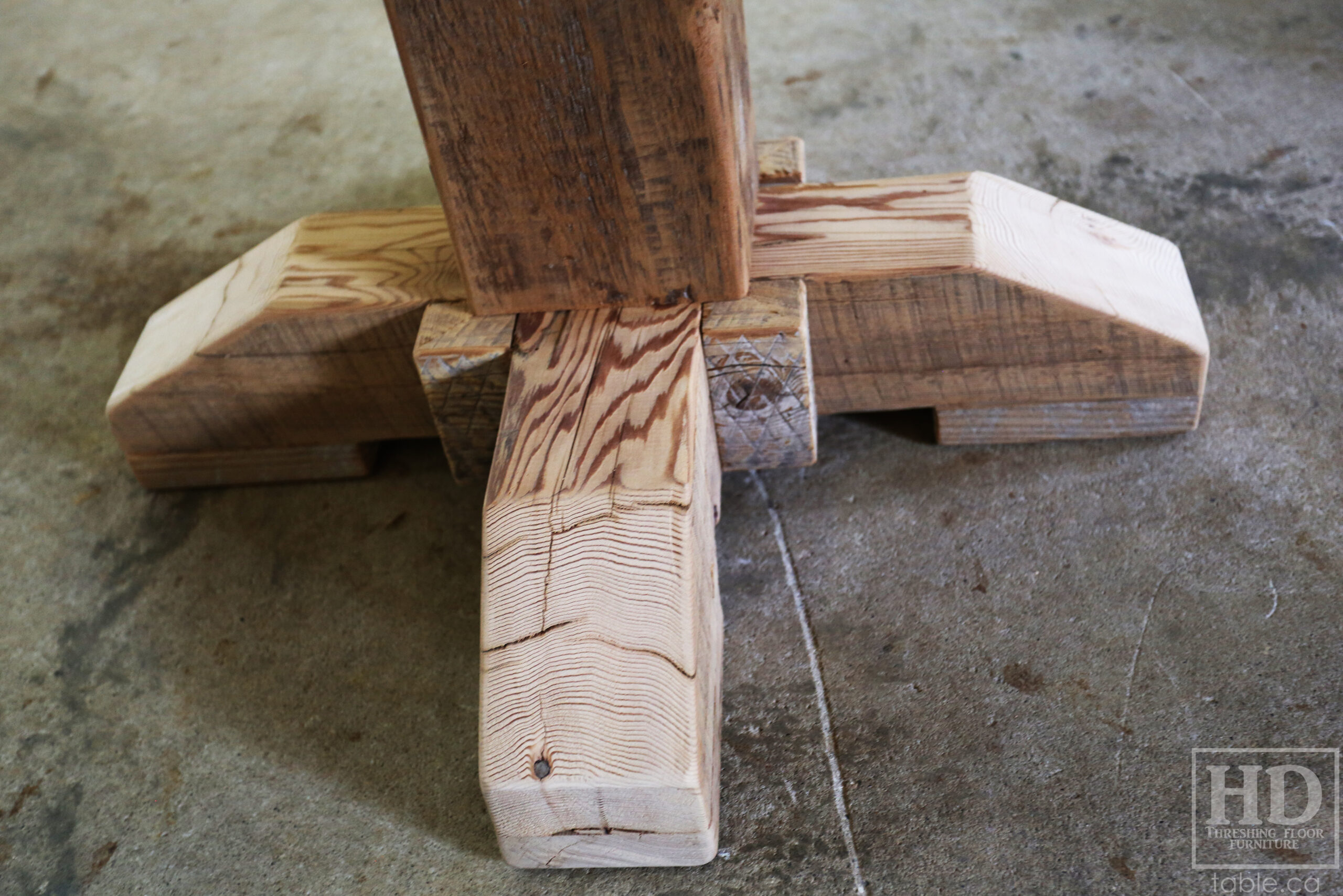 Custom Ontario Barnwood Desk â€“ Barn Beam Posts â€“ Modified Shape to Accommodate a Unique Space - Reclaimed Hemlock Threshing Floor 2â€ Top â€“ Original edges & distressing maintained  â€“ www.table.ca