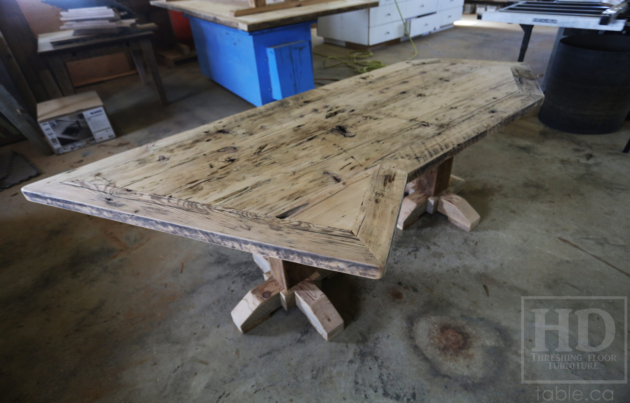 Custom Ontario Barnwood Desk â€“ Barn Beam Posts â€“ Modified Shape to Accommodate a Unique Space -Reclaimed Hemlock Threshing Floor 2â€ Top â€“ Original edges & distressing maintained  â€“ www.table.ca