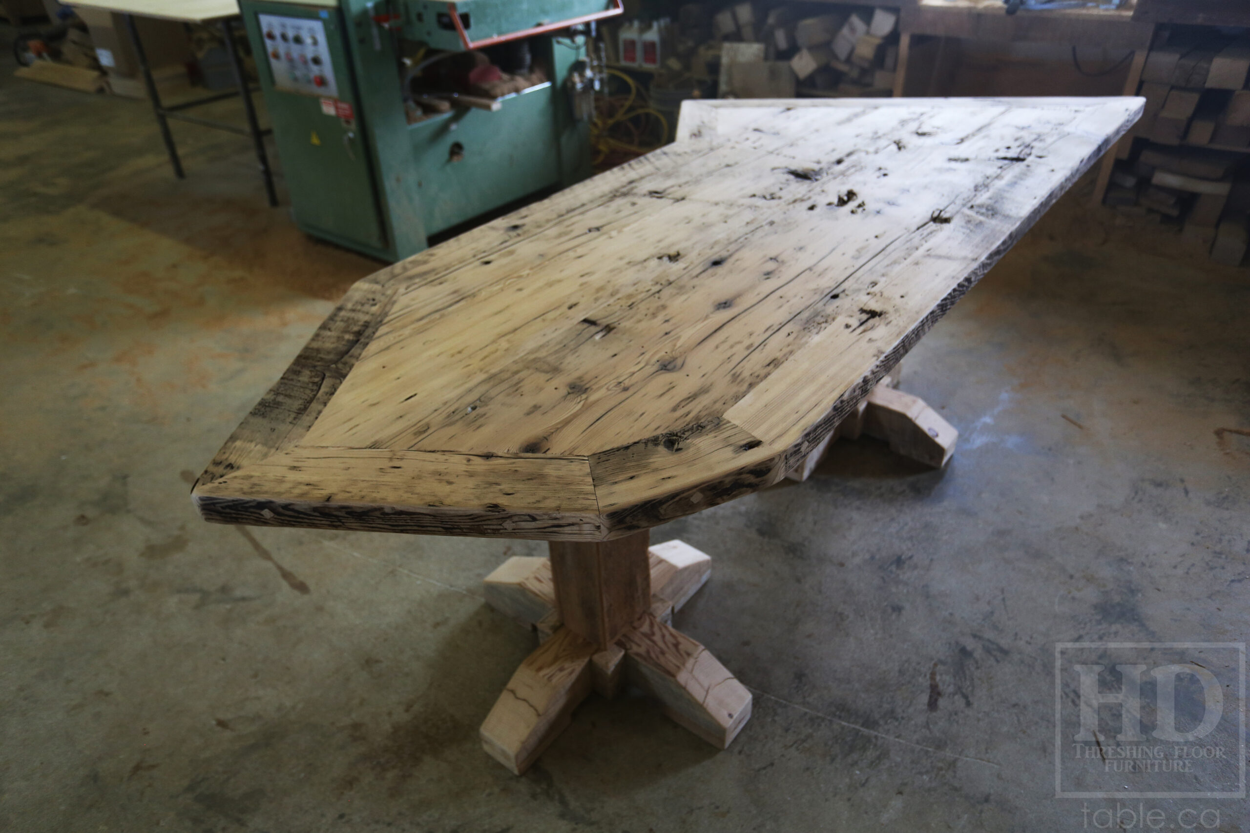Custom Ontario Barnwood Desk – Barn Beam Posts – Modified Shape to Accommodate a Unique Space -Reclaimed Hemlock Threshing Floor 2” Top – Original edges & distressing maintained  – www.table.ca