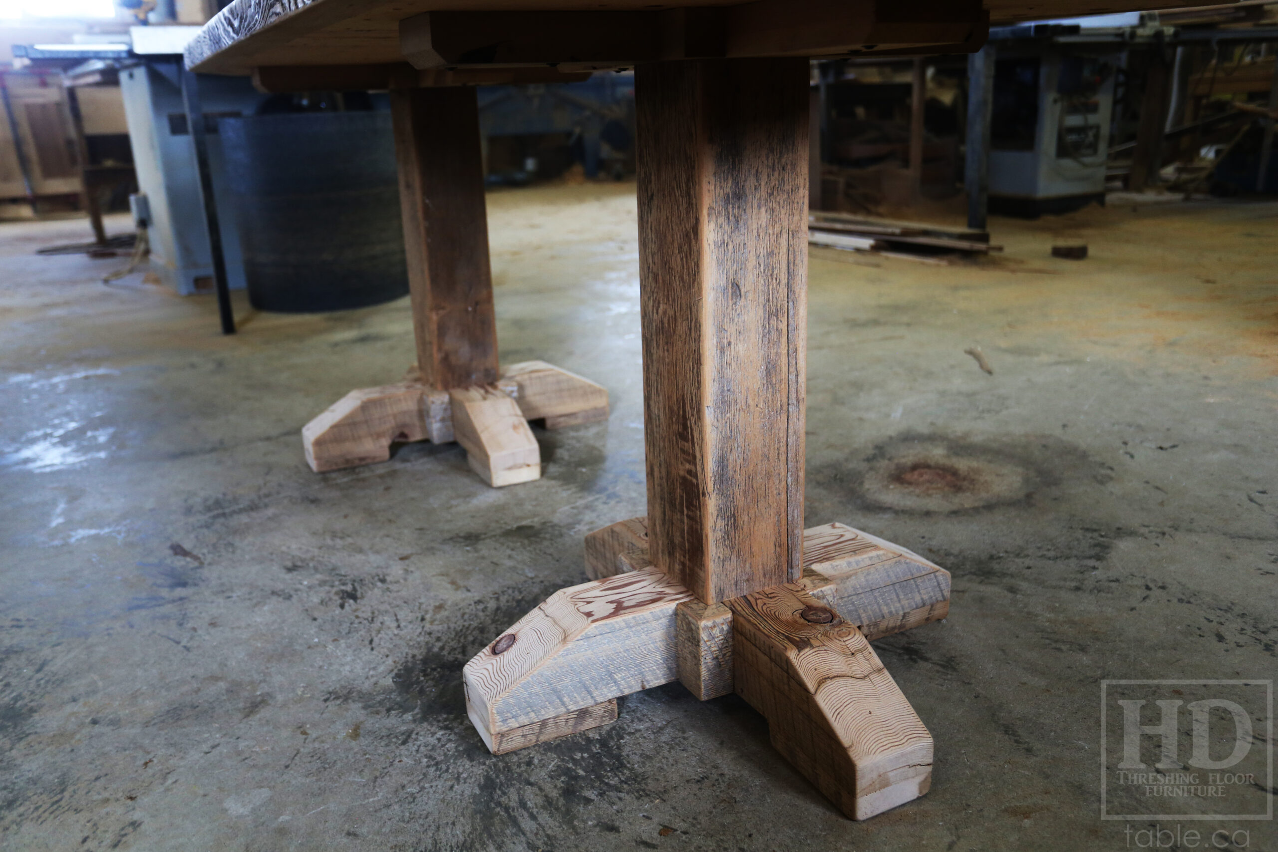 Custom Ontario Barnwood Desk â€“ Barn Beam Posts â€“ Modified Shape to Accommodate a Unique Space - Reclaimed Hemlock Threshing Floor 2â€ Top â€“ Original edges & distressing maintained  â€“ www.table.ca