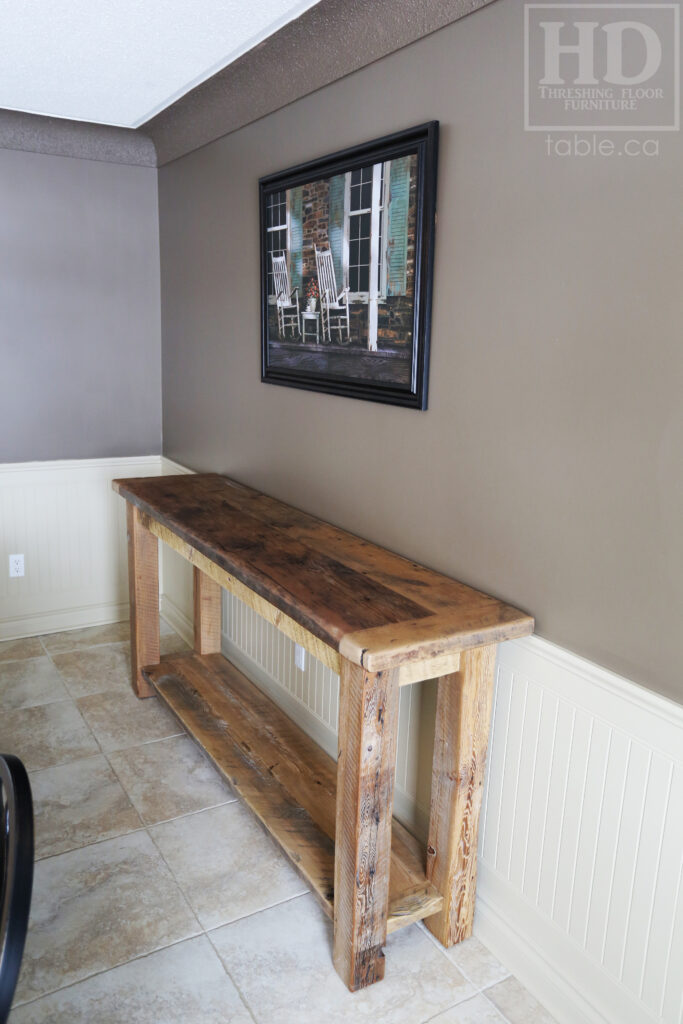 5â€™ Ontario Barnwood Sideboard Tableâ€“ 18â€ deep â€“ Straight 4â€ x 4â€ Windbrace Beam Legs â€“ Bottom 2â€ Shelf â€“ Reclaimed Hemlock Threshing Floor Construction â€“ 3â€ skirting - Original edges & distressing maintained â€“ Greytone Option - Premium epoxy + polyurethane finish â€“ www.table.ca