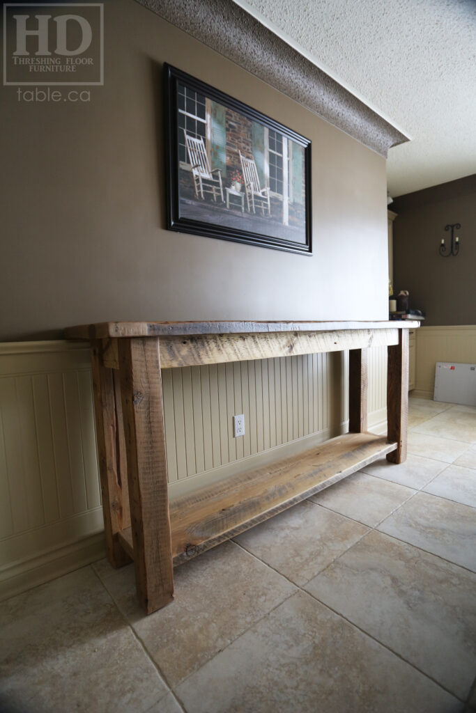 5’ Ontario Barnwood Sideboard Table– 18†deep – Straight 4†x 4†Windbrace Beam Legs – Bottom 2†Shelf – Reclaimed Hemlock Threshing Floor Construction – 3†skirting - Original edges & distressing maintained – Greytone Option - Premium epoxy + polyurethane finish – www.table.ca