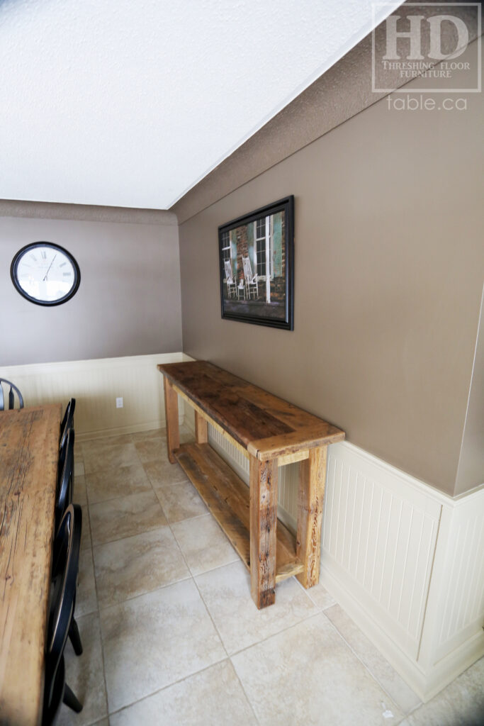 5â€™ Ontario Barnwood Sideboard Tableâ€“ 18â€ deep â€“ Straight 4â€ x 4â€ Windbrace Beam Legs â€“ Bottom 2â€ Shelf â€“ Reclaimed Hemlock Threshing Floor Construction â€“ 3â€ skirting - Original edges & distressing maintained â€“ Greytone Option - Premium epoxy + polyurethane finish â€“ www.table.ca