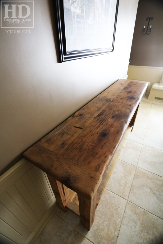 5’ Ontario Barnwood Sideboard Table– 18†deep – Straight 4†x 4†Windbrace Beam Legs – Bottom 2†Shelf – Reclaimed Hemlock Threshing Floor Construction – 3†skirting - Original edges & distressing maintained – Greytone Option - Premium epoxy + polyurethane finish – www.table.ca