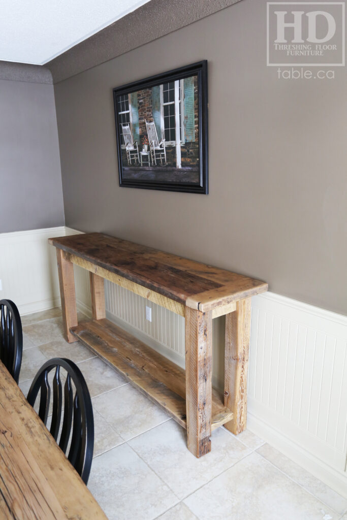 5’ Ontario Barnwood Sideboard Table– 18†deep – Straight 4†x 4†Windbrace Beam Legs – Bottom 2†Shelf – Reclaimed Hemlock Threshing Floor Construction – 3†skirting - Original edges & distressing maintained – Greytone Option - Premium epoxy + polyurethane finish – www.table.ca