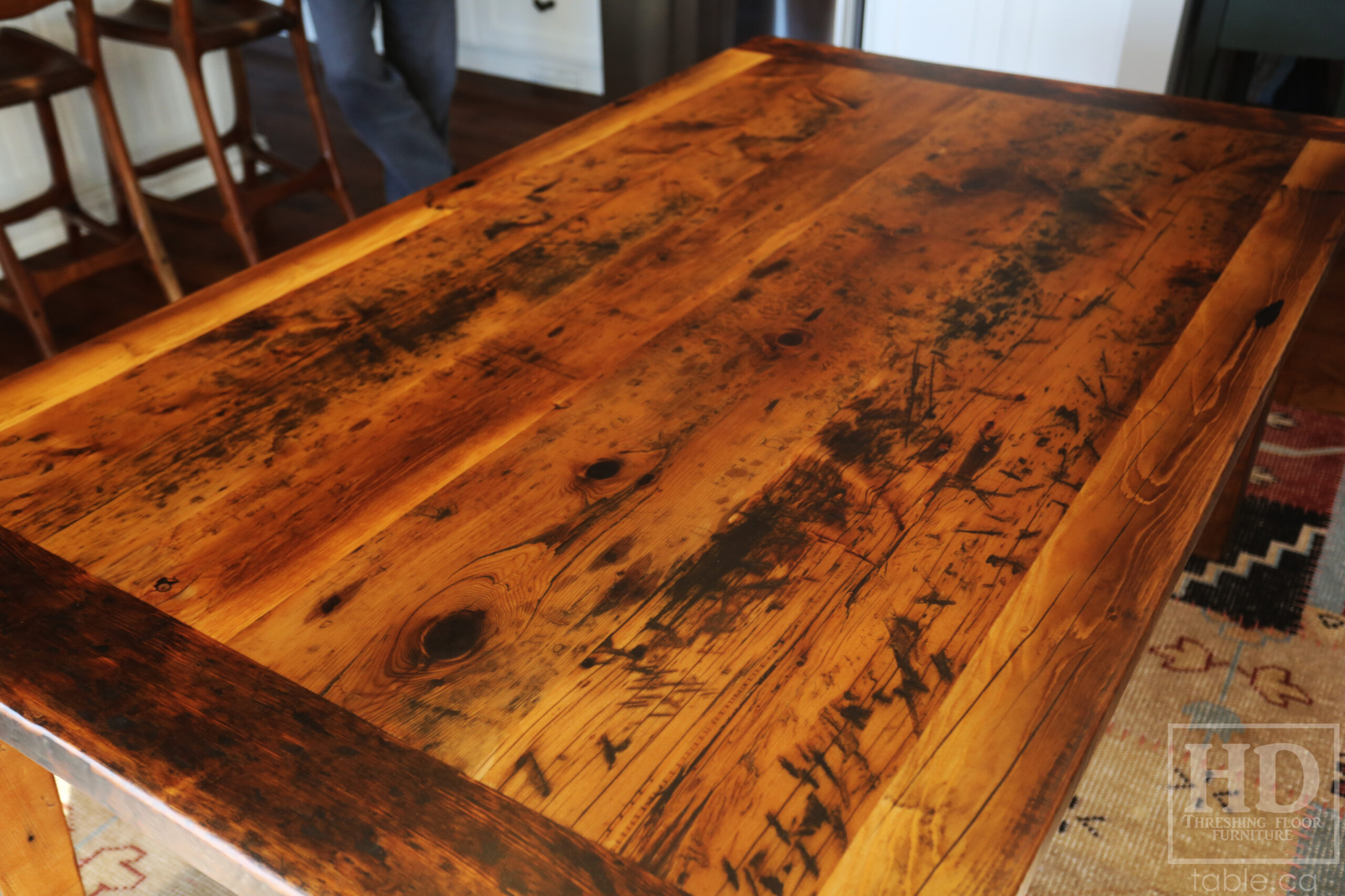 6’ Ontario Barnwood Harvest Table we made for a Dundas, Ontario home – 42” wide – Tapered with a Notch Windbrace Beam Legs - Reclaimed Hemlock Threshing Floor Construction – Original distressing & edges maintained – Premium epoxy + satin polyurethane finish - www.table.ca