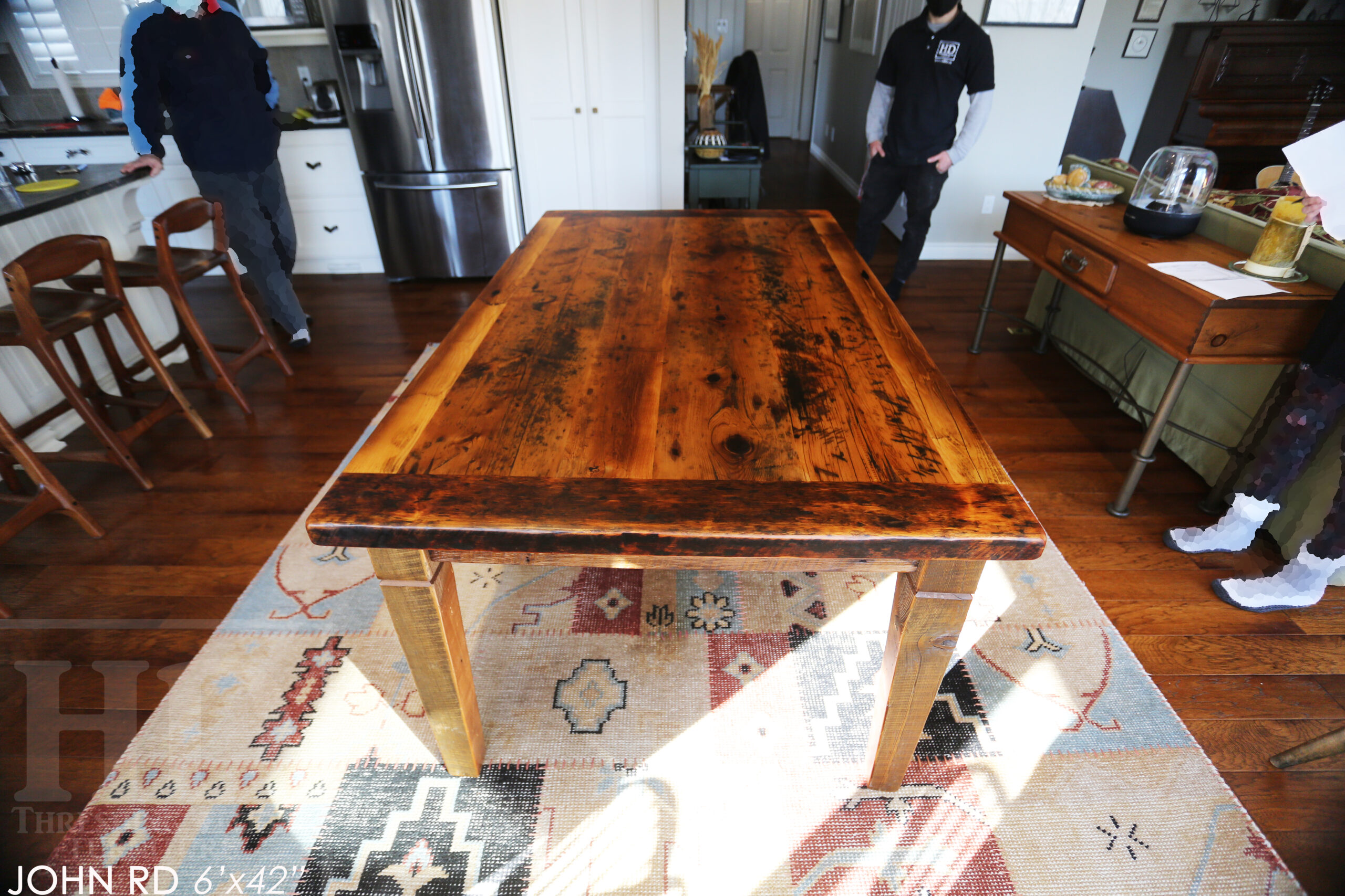 6’ Ontario Barnwood Harvest Table we made for a Dundas, Ontario home – 42” wide – Tapered with a Notch Windbrace Beam Legs - Reclaimed Hemlock Threshing Floor Construction – Original distressing & edges maintained – Premium epoxy + satin polyurethane finish - www.table.ca