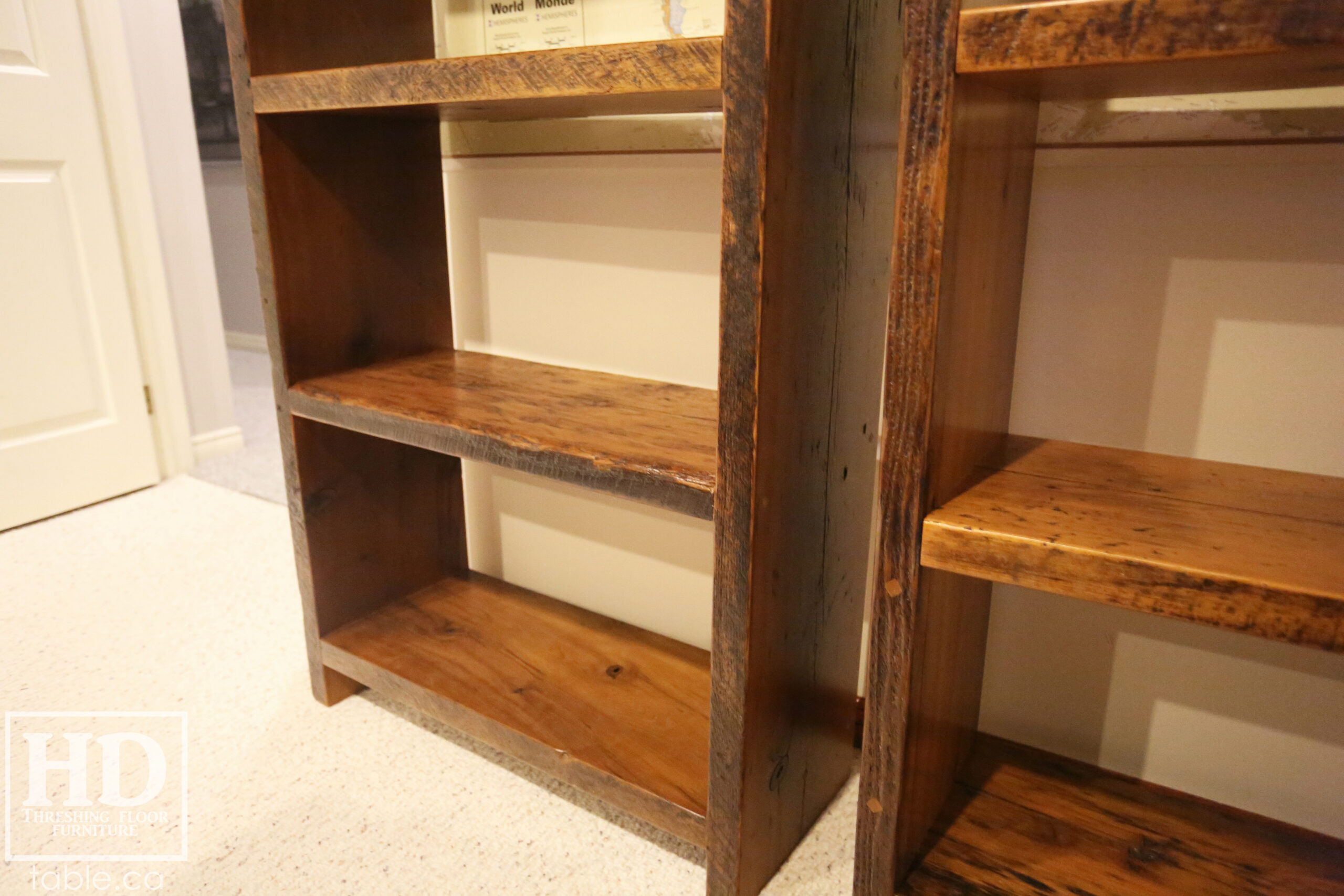Custom Ontario Barnwood Shelving Units we made for a Thornhill, Ontario home – 2” Hemlock Threshing Floor Construction – Original edges & distressing maintained – Polyurethane clearcoat finish – www.table.ca