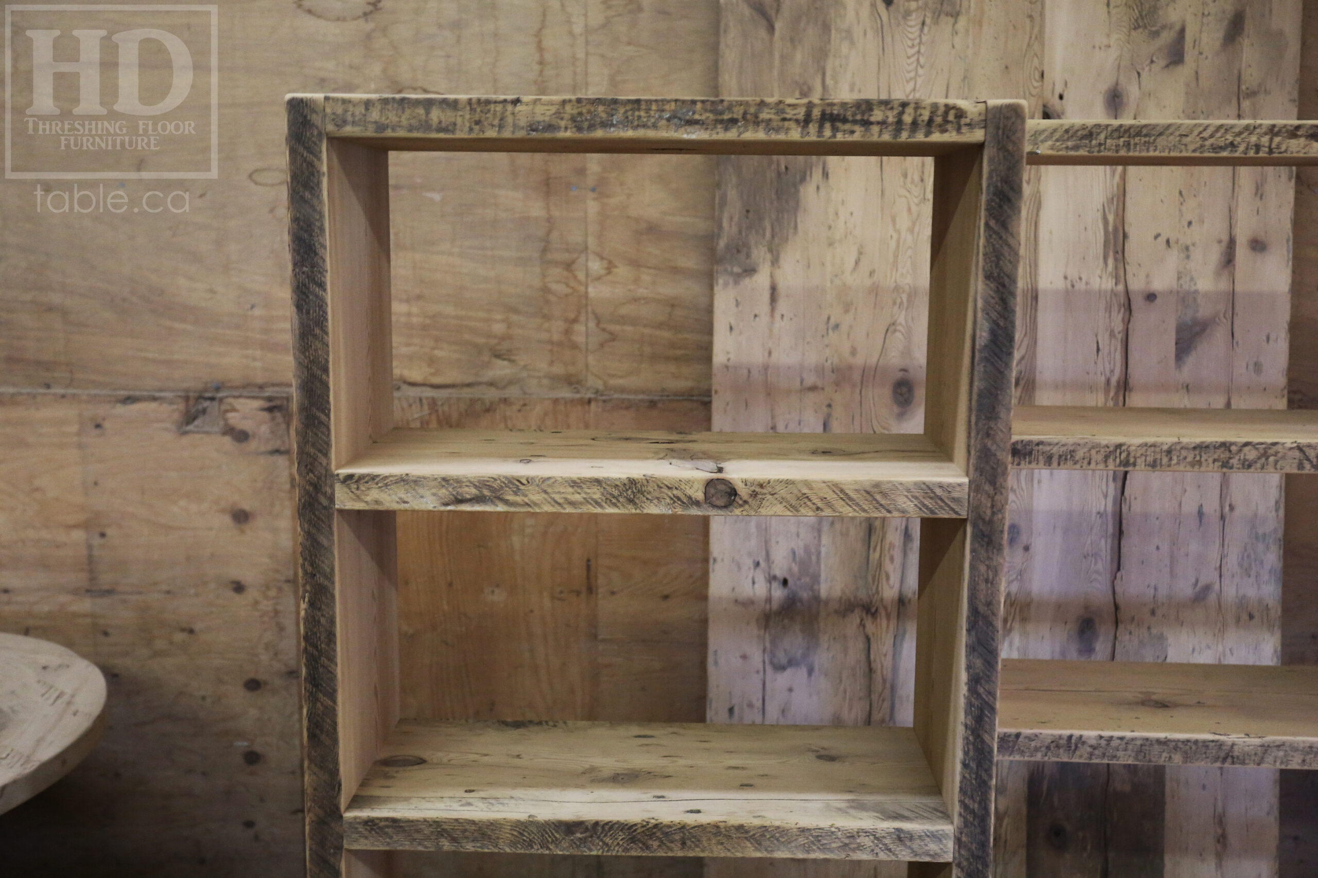 Custom Ontario Barnwood Shelving Units we made for a Thornhill, Ontario home – 2” Hemlock Threshing Floor Construction – Original edges & distressing maintained – Polyurethane clearcoat finish – www.table.ca