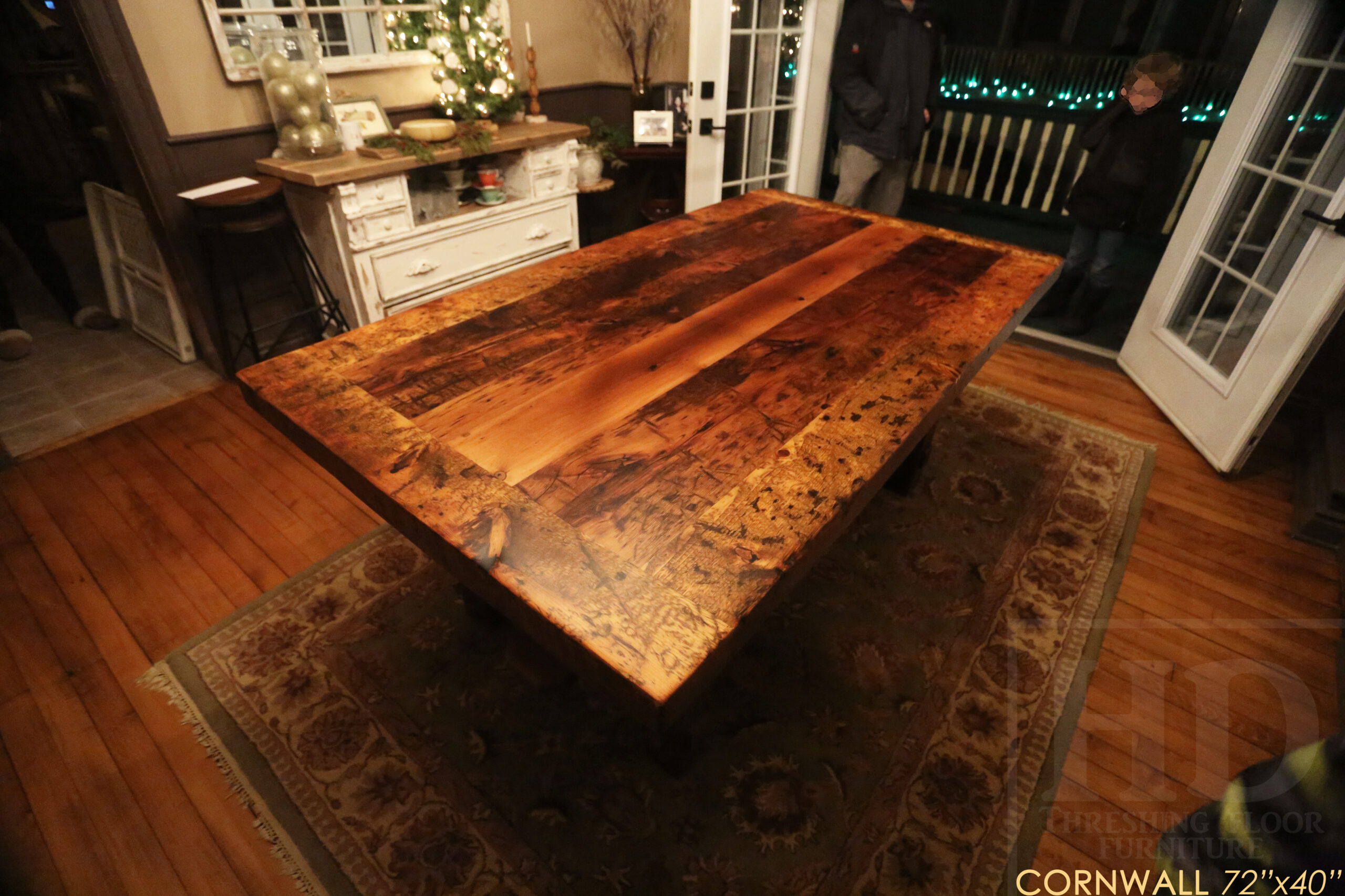 72â€ Ontario Barnwood Table we made for a Cornwall, Ontario home â€“ 40â€ wide - Frame Base / 10â€ overhand at ends â€“ Extra thick Option 3â€ Top Reclaimed Hemlock Threshing Floor Construction â€“ Original edges & distressing maintained â€“ Premium epoxy + matte polyurethane finish â€“ www.table.ca