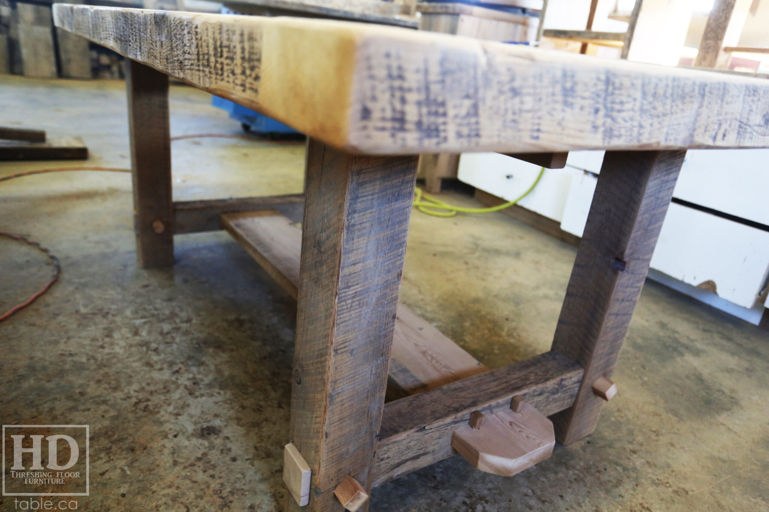 72â€ Ontario Barnwood Table we made for a Cornwall, Ontario home â€“ 40â€ wide - Frame Base / 10â€ overhand at ends â€“ Extra thick Option 3â€ Top Reclaimed Hemlock Threshing Floor Construction â€“ Original edges & distressing maintained â€“ Premium epoxy + matte polyurethane finish â€“ www.table.ca