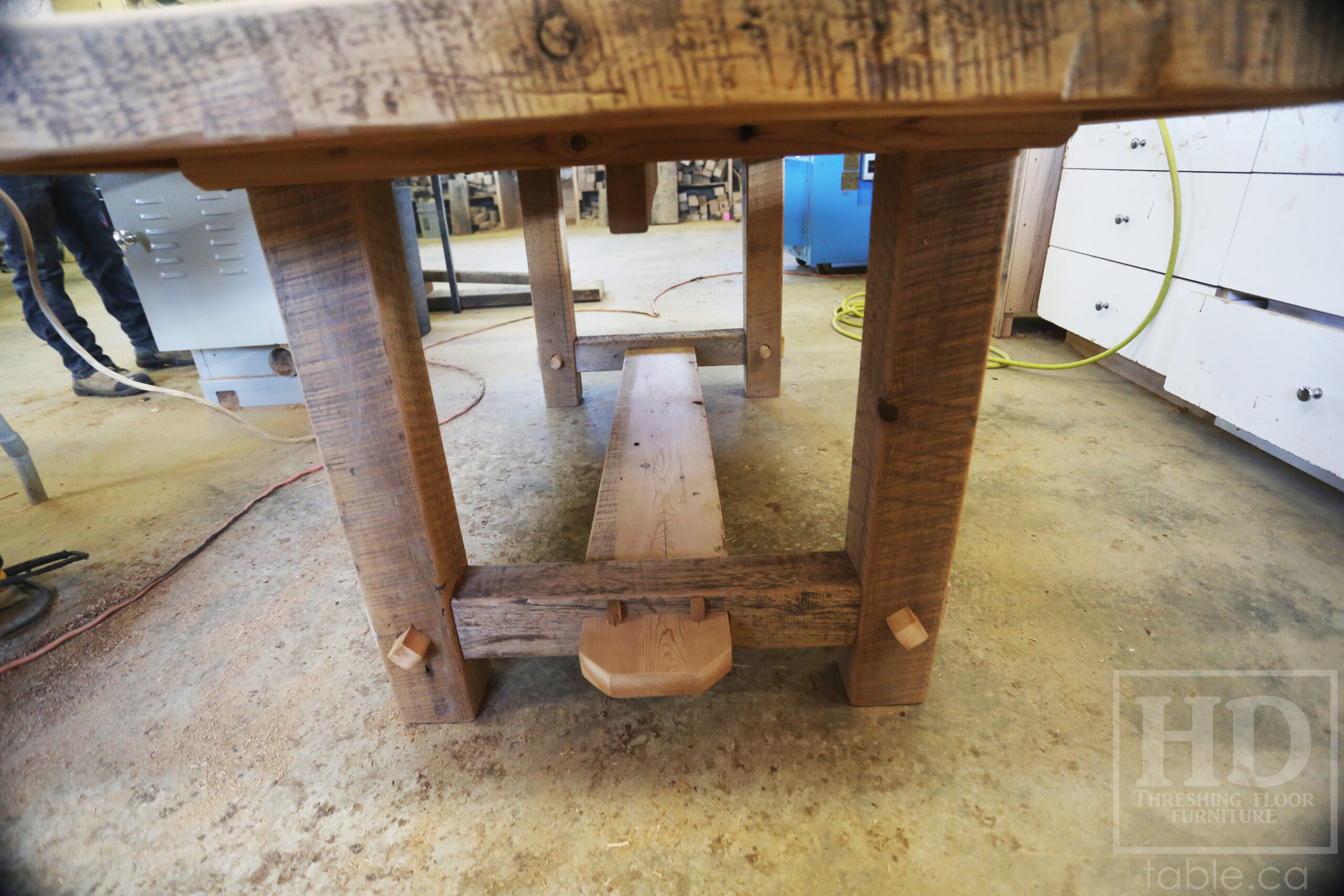 72â€ Ontario Barnwood Table we made for a Cornwall, Ontario home â€“ 40â€ wide - Frame Base / 10â€ overhand at ends â€“ Extra thick Option 3â€ Top Reclaimed Hemlock Threshing Floor Construction â€“ Original edges & distressing maintained â€“ Premium epoxy + matte polyurethane finish â€“ www.table.ca