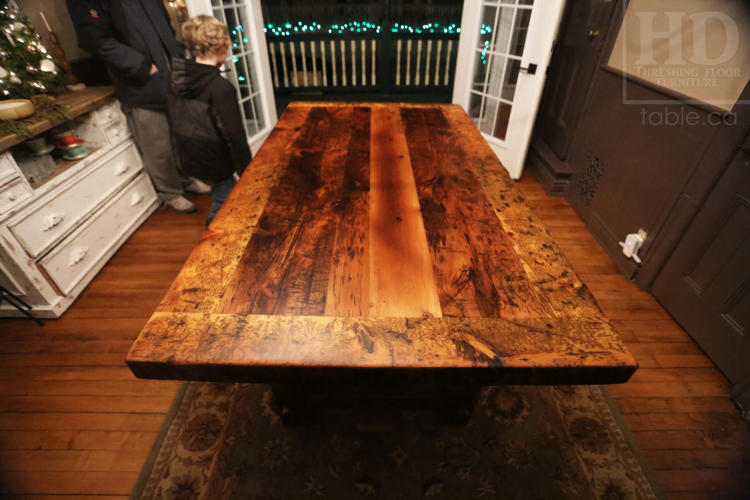 72â€ Ontario Barnwood Table we made for a Cornwall, Ontario home â€“ 40â€ wide - Frame Base / 10â€ overhand at ends â€“ Extra thick Option 3â€ Top Reclaimed Hemlock Threshing Floor Construction â€“ Original edges & distressing maintained â€“ Premium epoxy + matte polyurethane finish â€“ www.table.ca