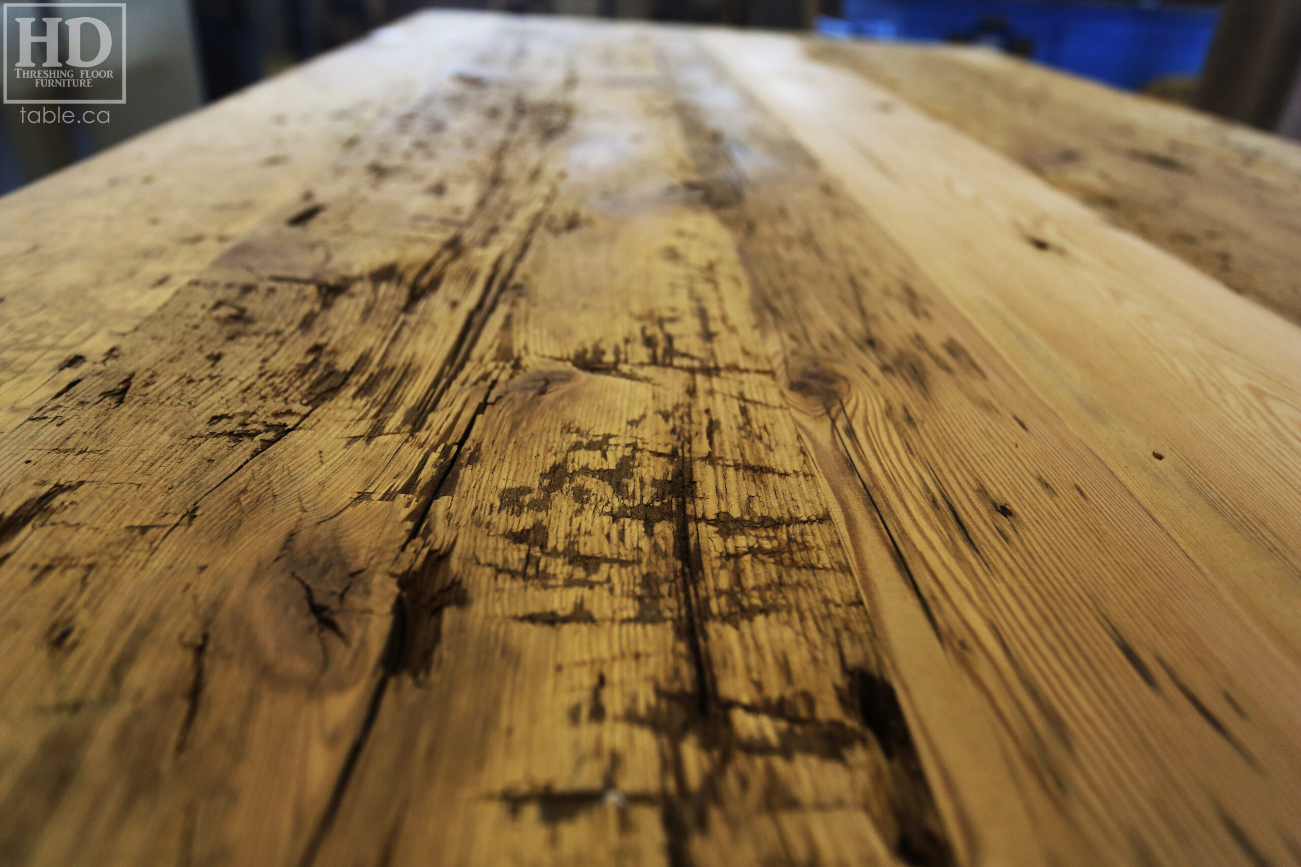 72â€ Ontario Barnwood Table we made for a Cornwall, Ontario home â€“ 40â€ wide - Frame Base / 10â€ overhand at ends â€“ Extra thick Option 3â€ Top Reclaimed Hemlock Threshing Floor Construction â€“ Original edges & distressing maintained â€“ Premium epoxy + matte polyurethane finish â€“ www.table.ca