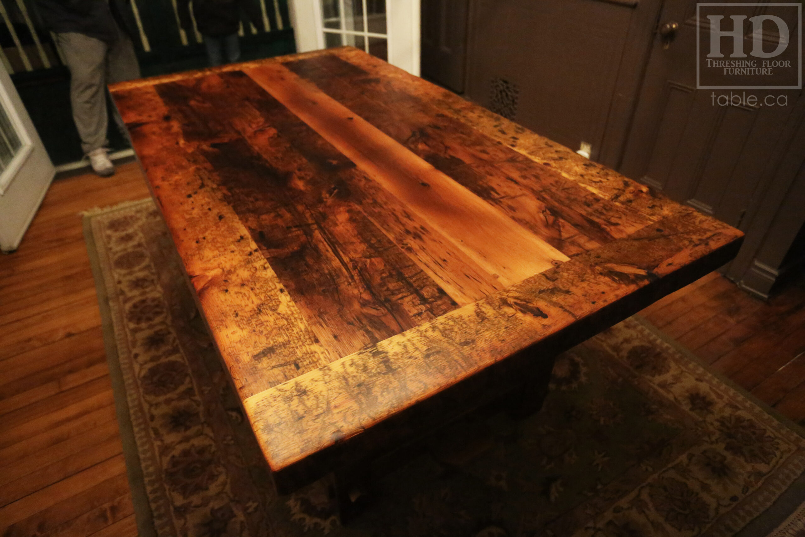 72â€ Ontario Barnwood Table we made for a Cornwall, Ontario home â€“ 40â€ wide - Frame Base / 10â€ overhand at ends â€“ Extra thick Option 3â€ Top Reclaimed Hemlock Threshing Floor Construction â€“ Original edges & distressing maintained â€“ Premium epoxy + matte polyurethane finish â€“ www.table.ca