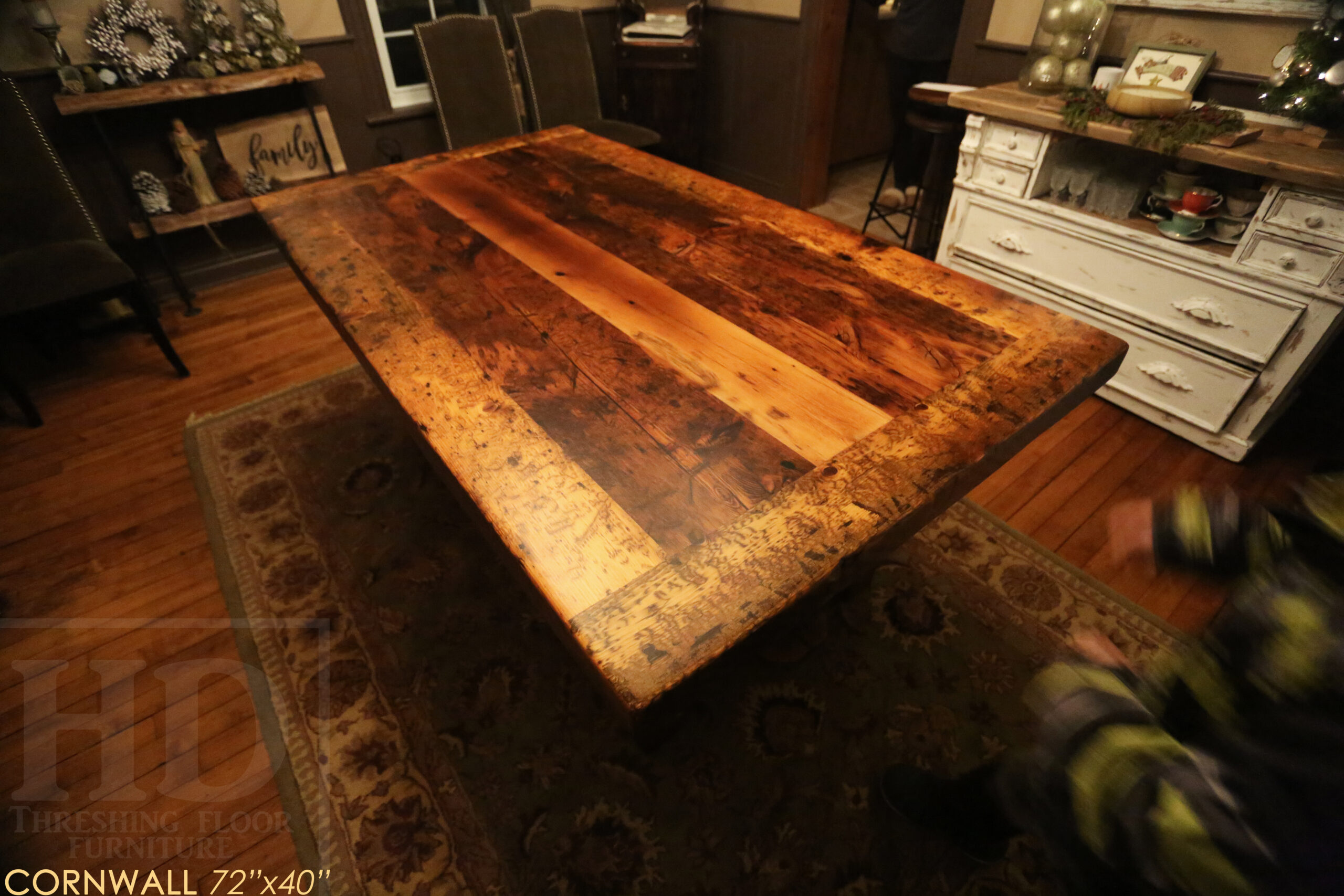 72â€ Ontario Barnwood Table we made for a Cornwall, Ontario home â€“ 40â€ wide - Frame Base / 10â€ overhand at ends â€“ Extra thick Option 3â€ Top Reclaimed Hemlock Threshing Floor Construction â€“ Original edges & distressing maintained â€“ Premium epoxy + matte polyurethane finish â€“ www.table.ca