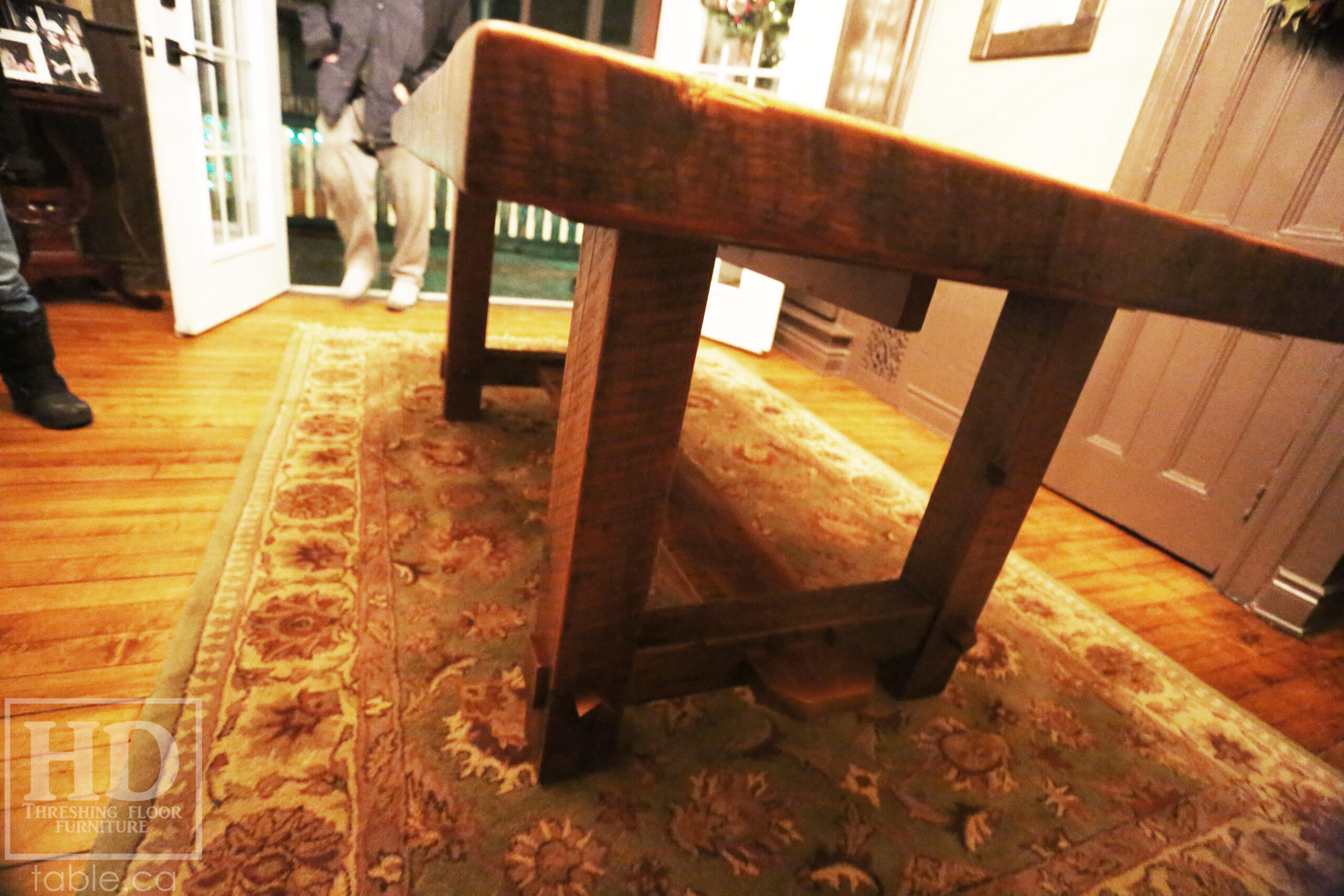 72â€ Ontario Barnwood Table we made for a Cornwall, Ontario home â€“ 40â€ wide - Frame Base / 10â€ overhand at ends â€“ Extra thick Option 3â€ Top Reclaimed Hemlock Threshing Floor Construction â€“ Original edges & distressing maintained â€“ Premium epoxy + matte polyurethane finish â€“ www.table.ca