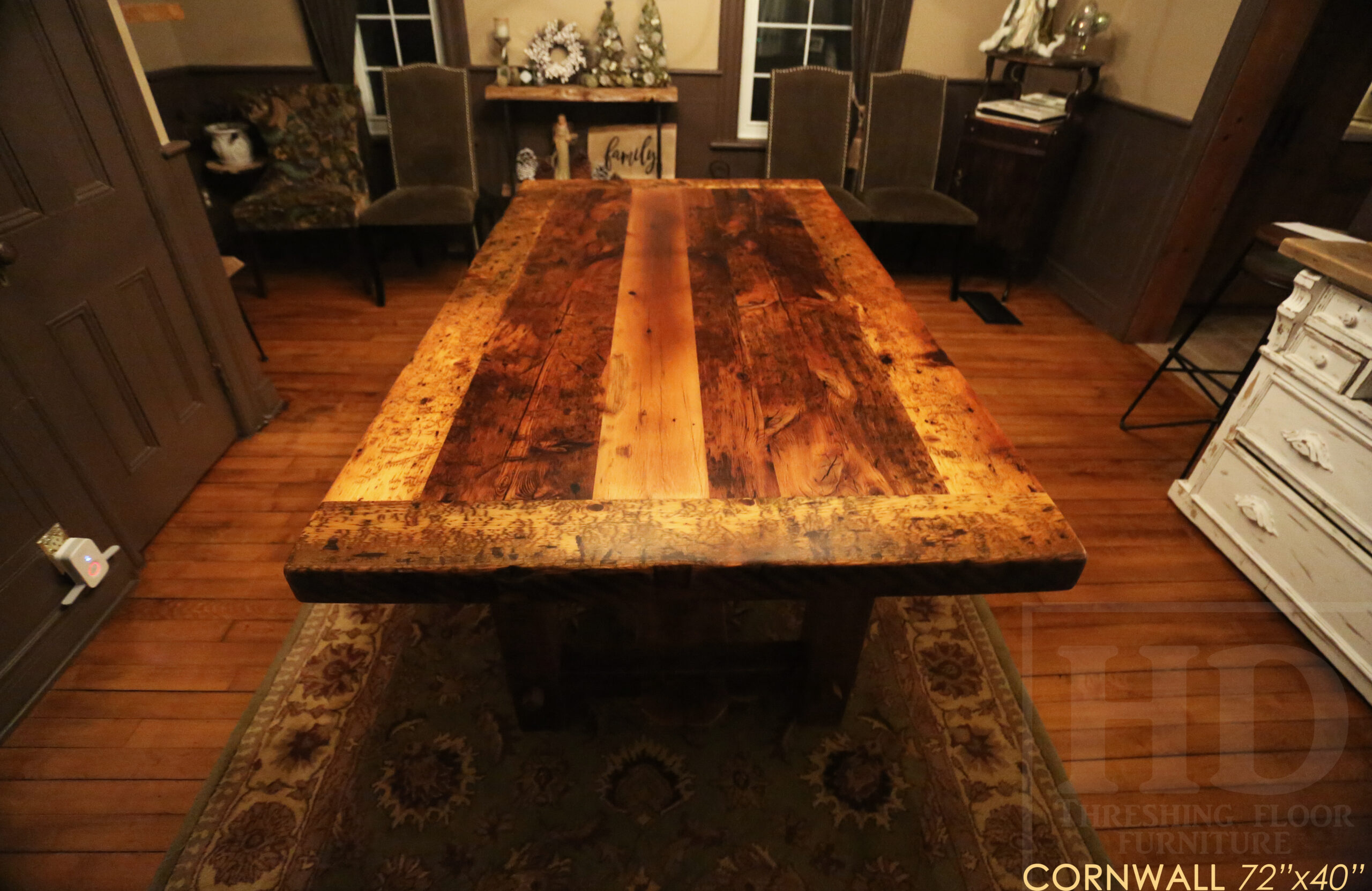 72â€ Ontario Barnwood Table we made for a Cornwall, Ontario home â€“ 40â€ wide - Frame Base / 10â€ overhand at ends â€“ Extra thick Option 3â€ Top Reclaimed Hemlock Threshing Floor Construction â€“ Original edges & distressing maintained â€“ Premium epoxy + matte polyurethane finish â€“ www.table.ca