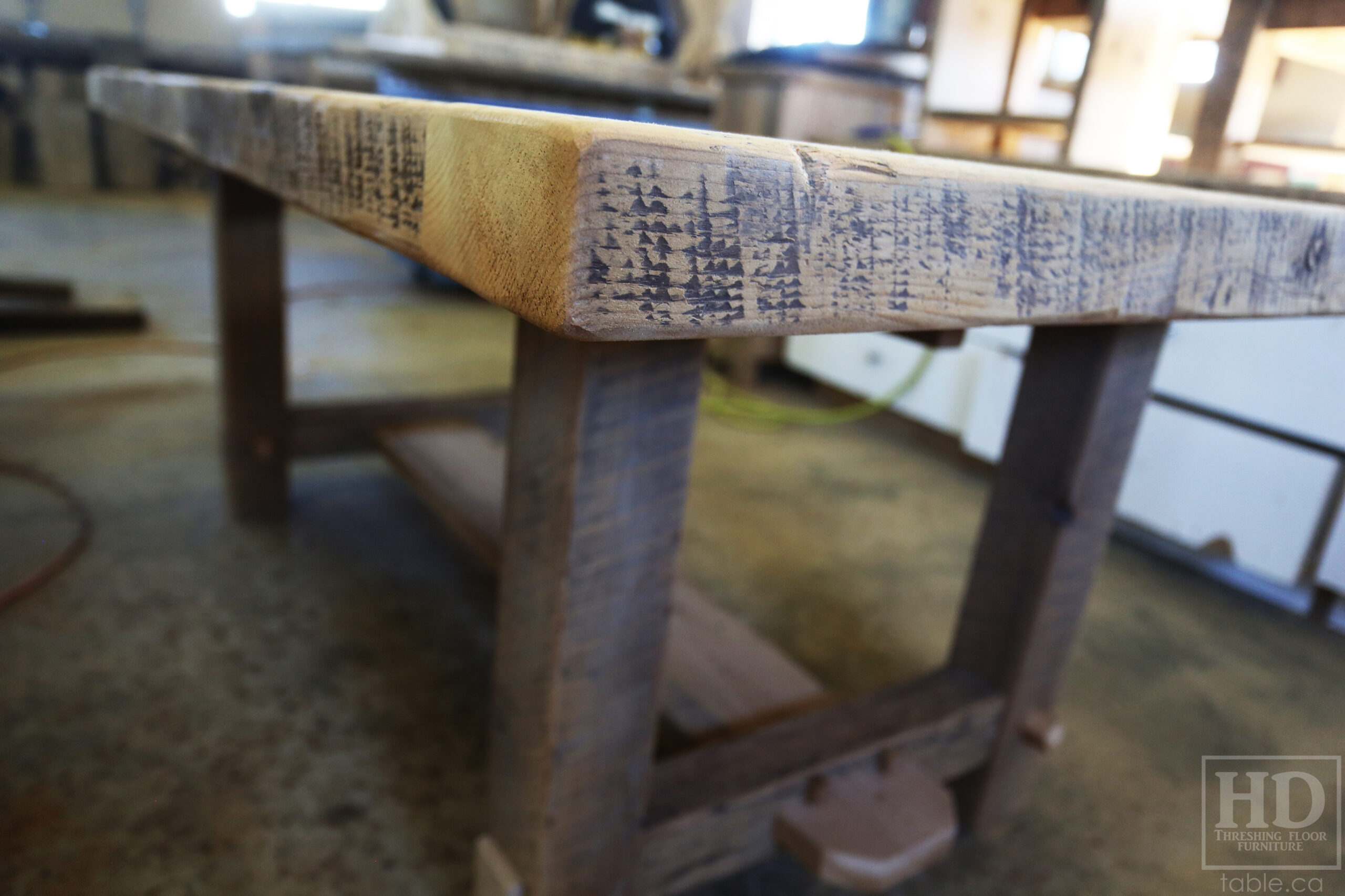 72â€ Ontario Barnwood Table we made for a Cornwall, Ontario home â€“ 40â€ wide - Frame Base / 10â€ overhand at ends â€“ Extra thick Option 3â€ Top Reclaimed Hemlock Threshing Floor Construction â€“ Original edges & distressing maintained â€“ Premium epoxy + matte polyurethane finish â€“ www.table.ca