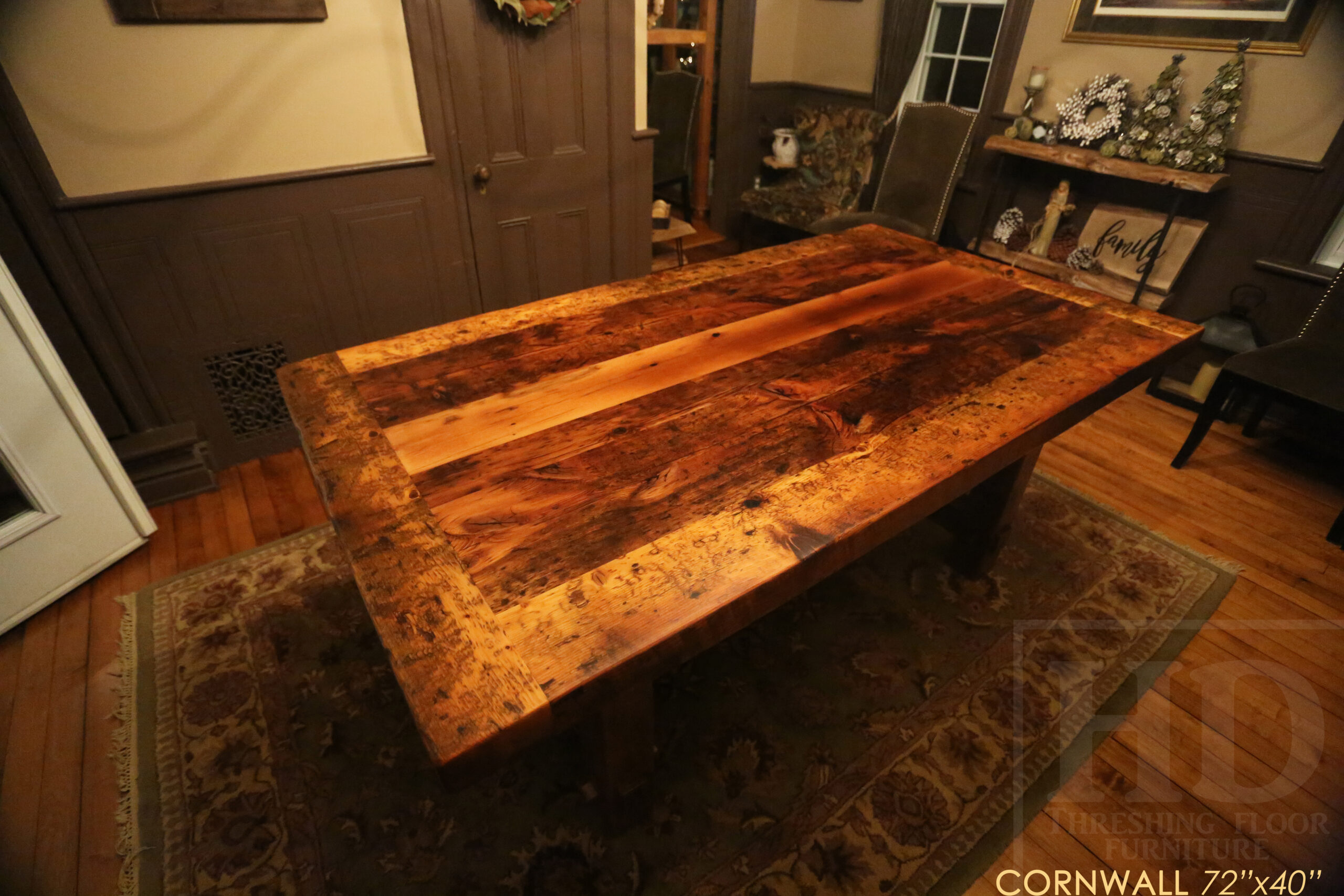 72â€ Ontario Barnwood Table we made for a Cornwall, Ontario home â€“ 40â€ wide - Frame Base / 10â€ overhand at ends â€“ Extra thick Option 3â€ Top Reclaimed Hemlock Threshing Floor Construction â€“ Original edges & distressing maintained â€“ Premium epoxy + matte polyurethane finish â€“ www.table.ca