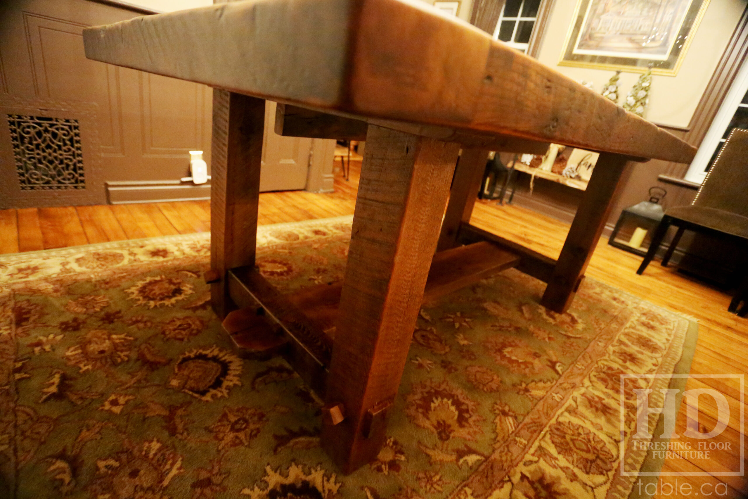 72â€ Ontario Barnwood Table we made for a Cornwall, Ontario home â€“ 40â€ wide - Frame Base / 10â€ overhand at ends â€“ Extra thick Option 3â€ Top Reclaimed Hemlock Threshing Floor Construction â€“ Original edges & distressing maintained â€“ Premium epoxy + matte polyurethane finish â€“ www.table.ca