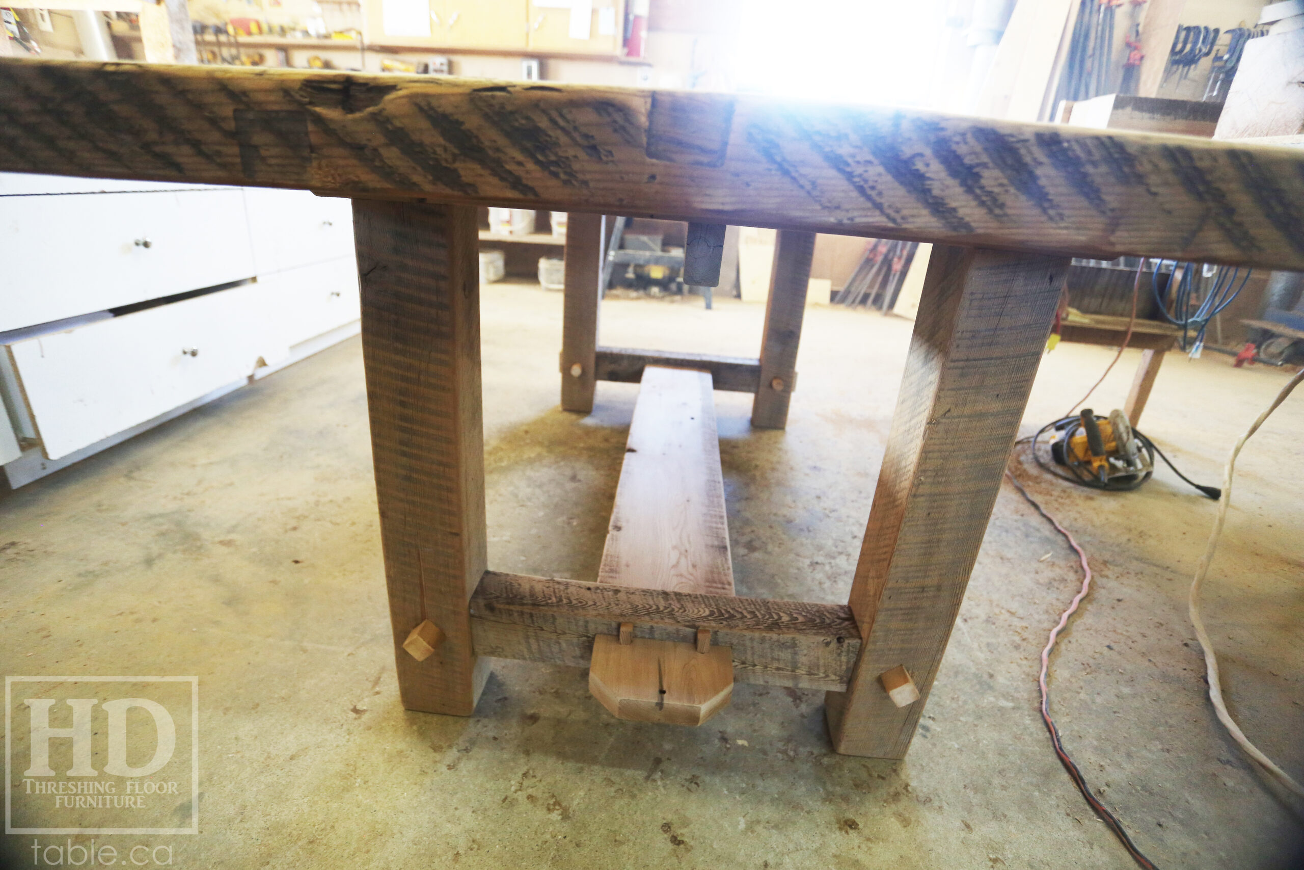 72â€ Ontario Barnwood Table we made for a Cornwall, Ontario home â€“ 40â€ wide - Frame Base / 10â€ overhand at ends â€“ Extra thick Option 3â€ Top Reclaimed Hemlock Threshing Floor Construction â€“ Original edges & distressing maintained â€“ Premium epoxy + matte polyurethane finish â€“ www.table.ca