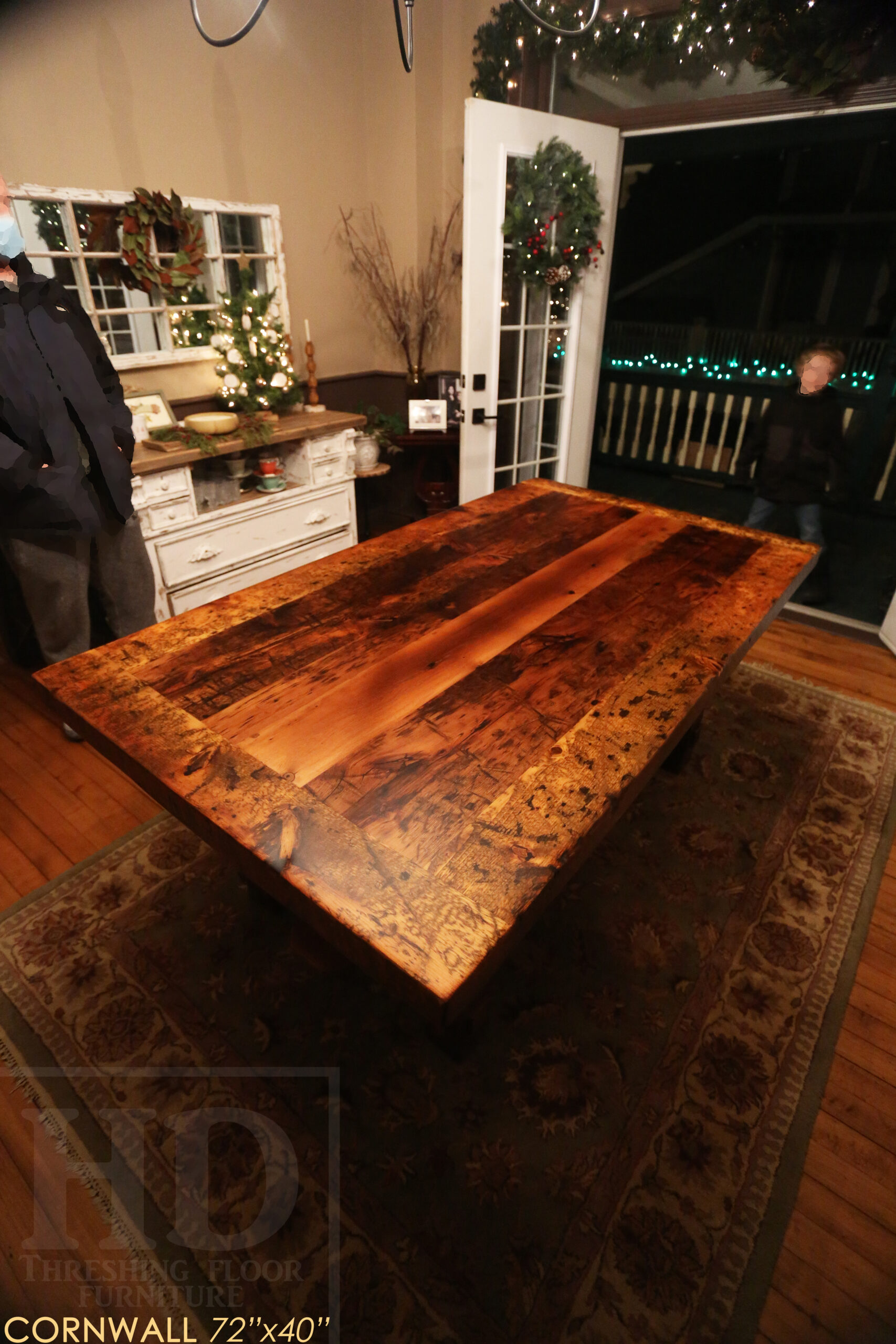 72â€ Ontario Barnwood Table we made for a Cornwall, Ontario home â€“ 40â€ wide - Frame Base / 10â€ overhand at ends â€“ Extra thick Option 3â€ Top Reclaimed Hemlock Threshing Floor Construction â€“ Original edges & distressing maintained â€“ Premium epoxy + matte polyurethane finish â€“ www.table.ca