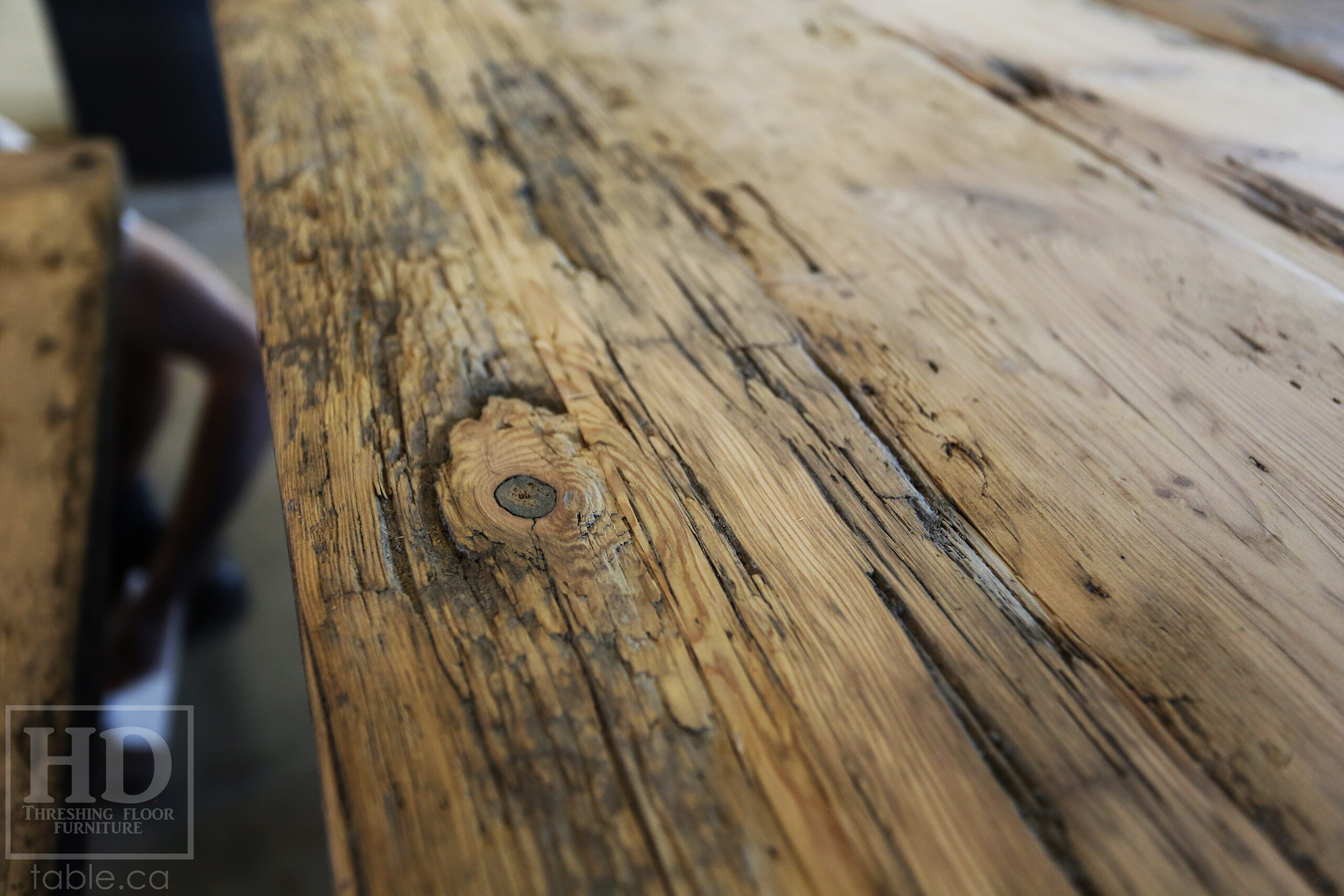 Ontario Barnwood Table with Metal Base Option – 2” Reclaimed Hemlock Threshing Floor Construction – Original edges & distressing maintained – Premium epoxy + satin polyurethane finish – www.table.ca