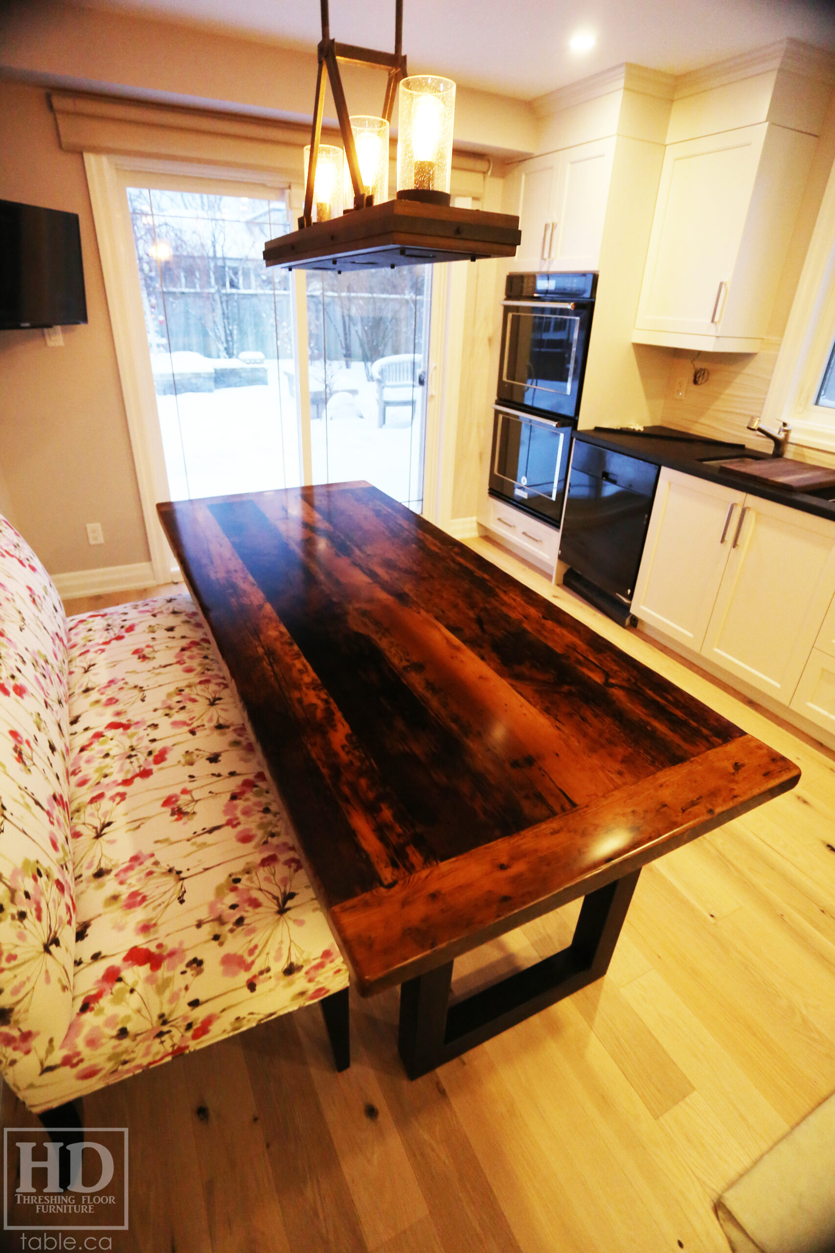 Ontario Barnwood Table with Metal Base Option – 2” Reclaimed Hemlock Threshing Floor Construction – Original edges & distressing maintained – Premium epoxy + satin polyurethane finish – www.table.ca