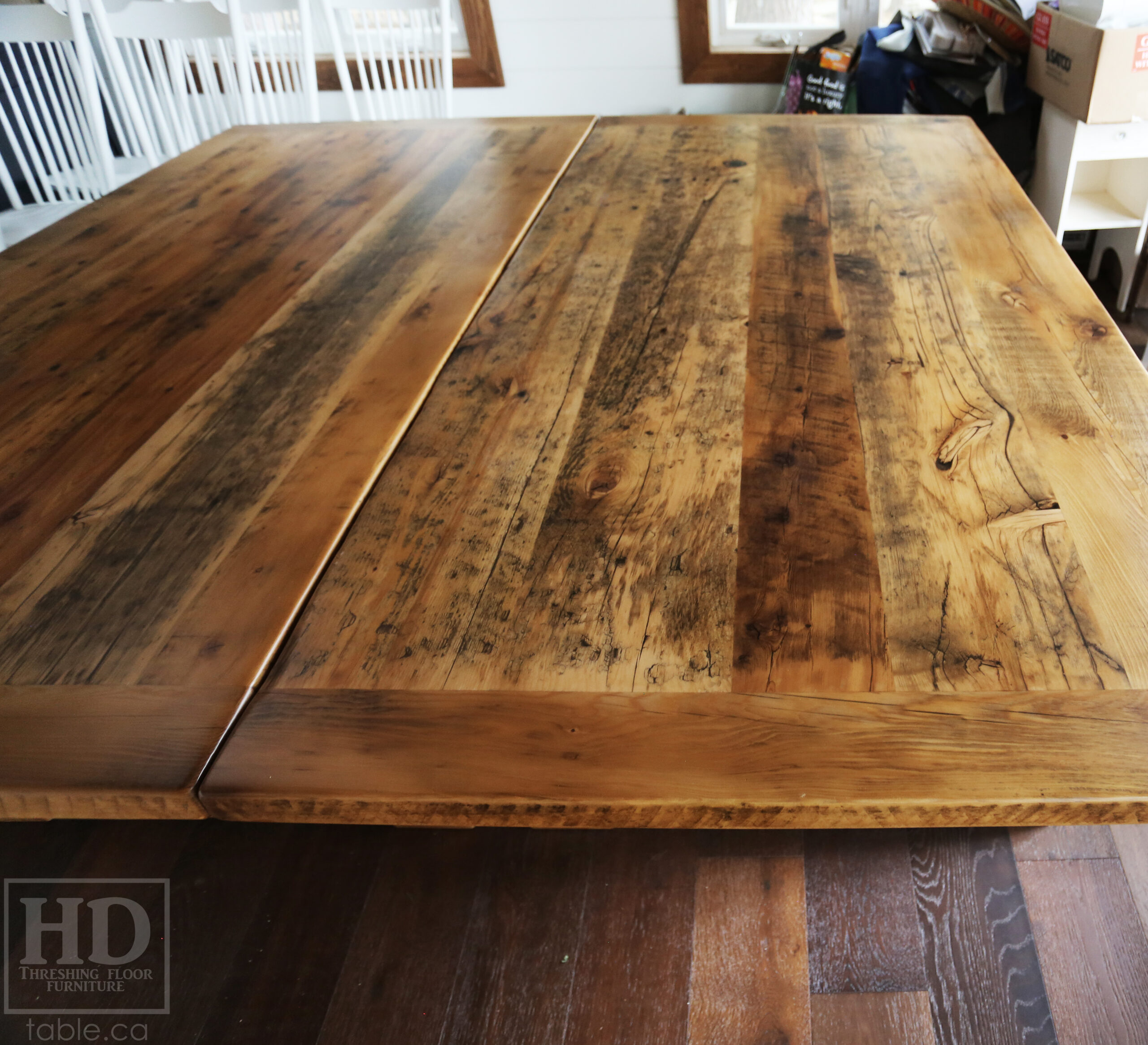 [2] 7’ Ontario Barnwood Tables we made for a Gravenhurst, Ontario home – 42” wide – Sawbuck Bases - Reclaimed Hemlock Threshing Floor Construction – Original distressing & edges maintained – Premium epoxy + matte polyurethane finish – Greytone Option - [2] 18” Leaves [making total length 10’ when extended] –  www.table.ca