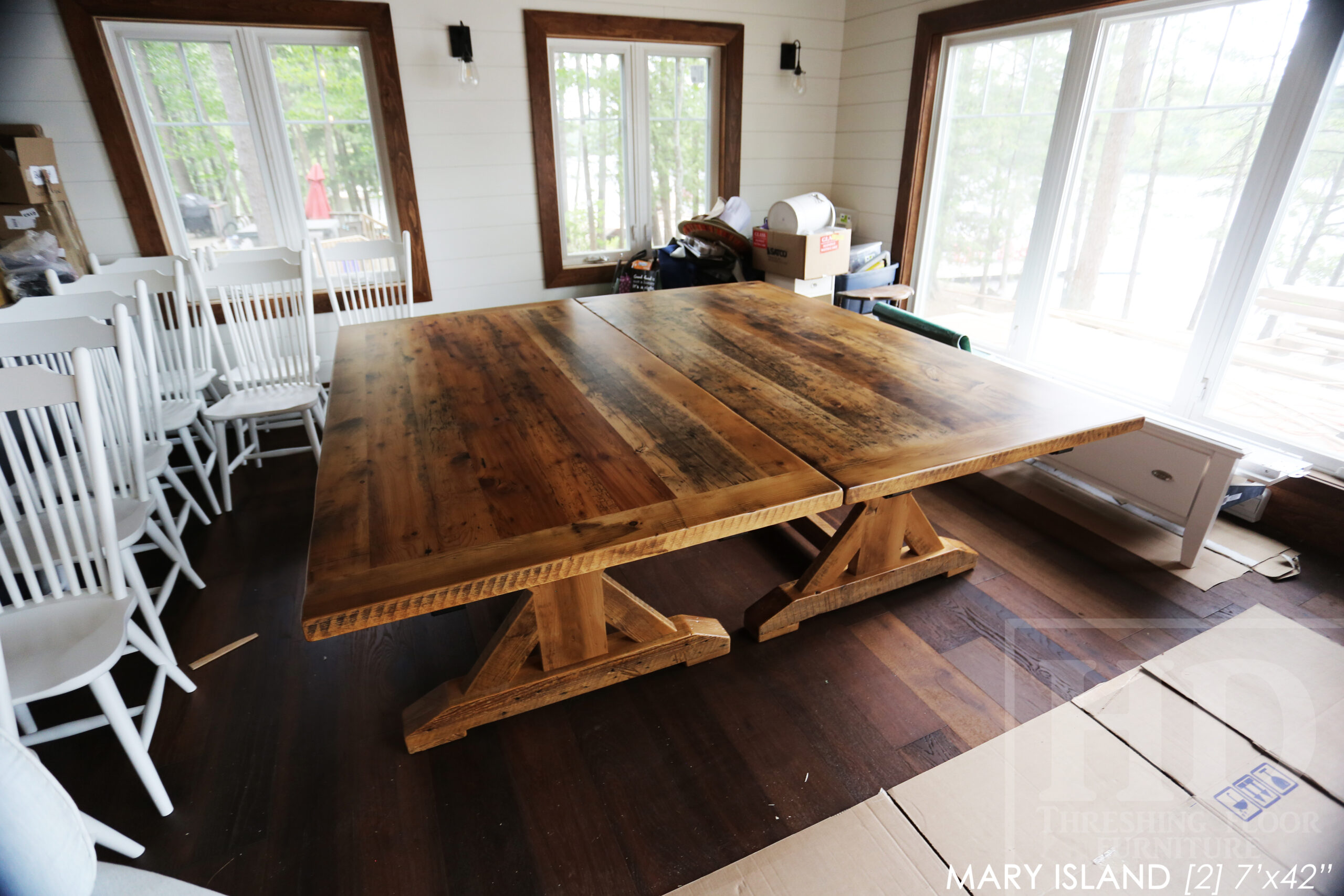 [2] 7’ Ontario Barnwood Tables we made for a Gravenhurst, Ontario home – 42” wide – Sawbuck Bases - Reclaimed Hemlock Threshing Floor Construction – Original distressing & edges maintained – Premium epoxy + matte polyurethane finish – Greytone Option - [2] 18” Leaves [making total length 10’ when extended] –  www.table.ca