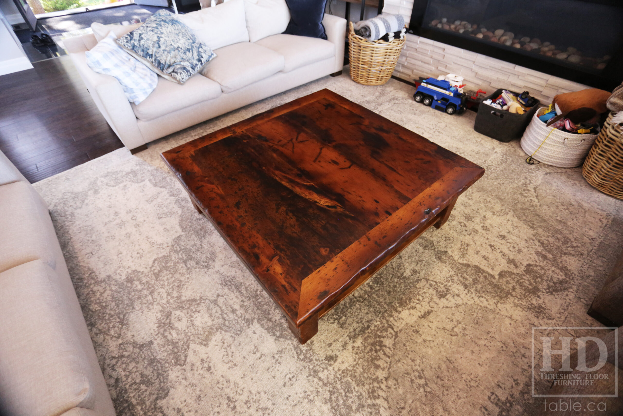 4’x4’ Reclaimed Ontario Barnwood Coffee Table we made for a Saria, Ontario home - 16" height – Straight 4”X4” Windbrace Beam Legs - Old Growth Hemlock Threshing Floor Construction – Mitred Bread Edge Corners - Original edges & distressing maintained - Premium epoxy + matte polyurethane finish - www.table.ca