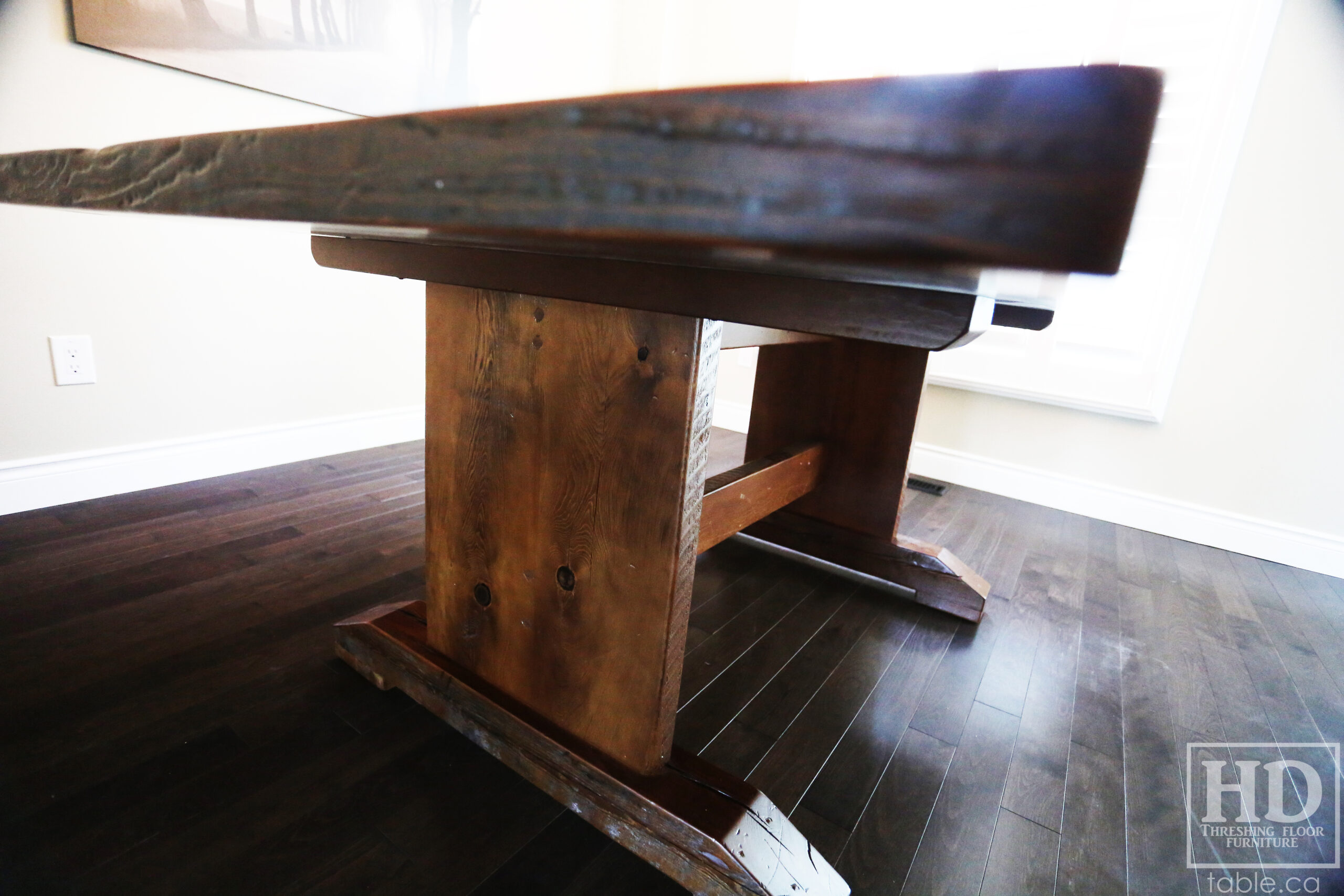 6â€™ Reclaimed Ontario Barnwood Table we made for a Waterdown, Ontario home â€“ Trestle Base [No bottom rail option] - Old Growth Hemlock Threshing Floor Construction â€“ Original edges & distressing maintained â€“Bread Edges - Premium epoxy + satin polyurethane finish - www.table.ca