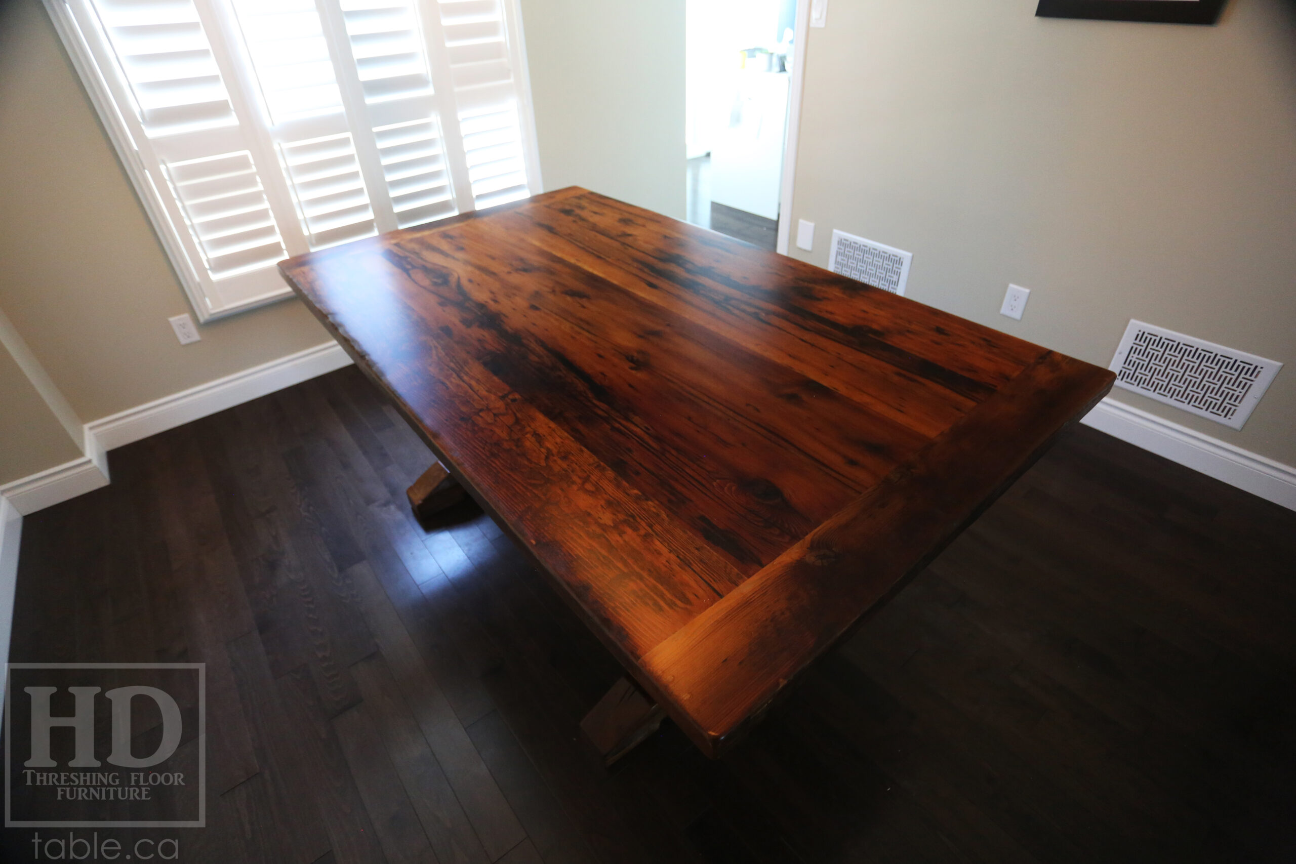 6â€™ Reclaimed Ontario Barnwood Table we made for a Waterdown, Ontario home â€“ Trestle Base [No bottom rail option] - Old Growth Hemlock Threshing Floor Construction â€“ Original edges & distressing maintained â€“Bread Edges - Premium epoxy + satin polyurethane finish - www.table.ca