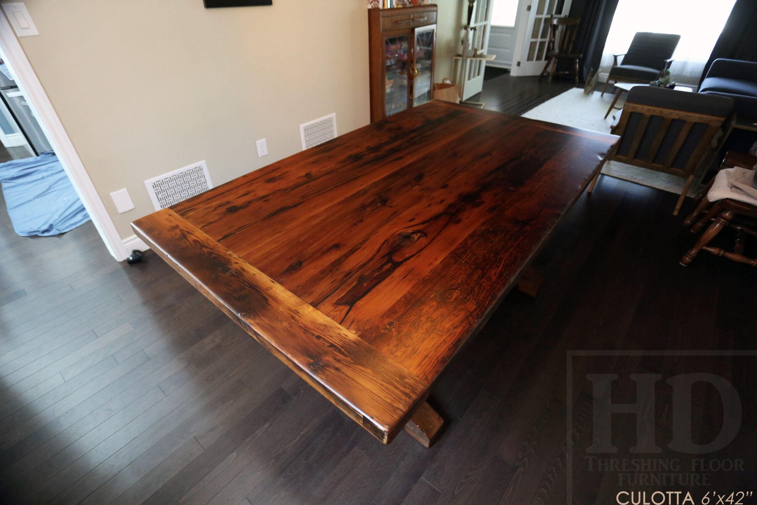 6â€™ Reclaimed Ontario Barnwood Table we made for a Waterdown, Ontario home â€“ Trestle Base [No bottom rail option] - Old Growth Hemlock Threshing Floor Construction â€“ Original edges & distressing maintained â€“Bread Edges - Premium epoxy + satin polyurethane finish - www.table.ca